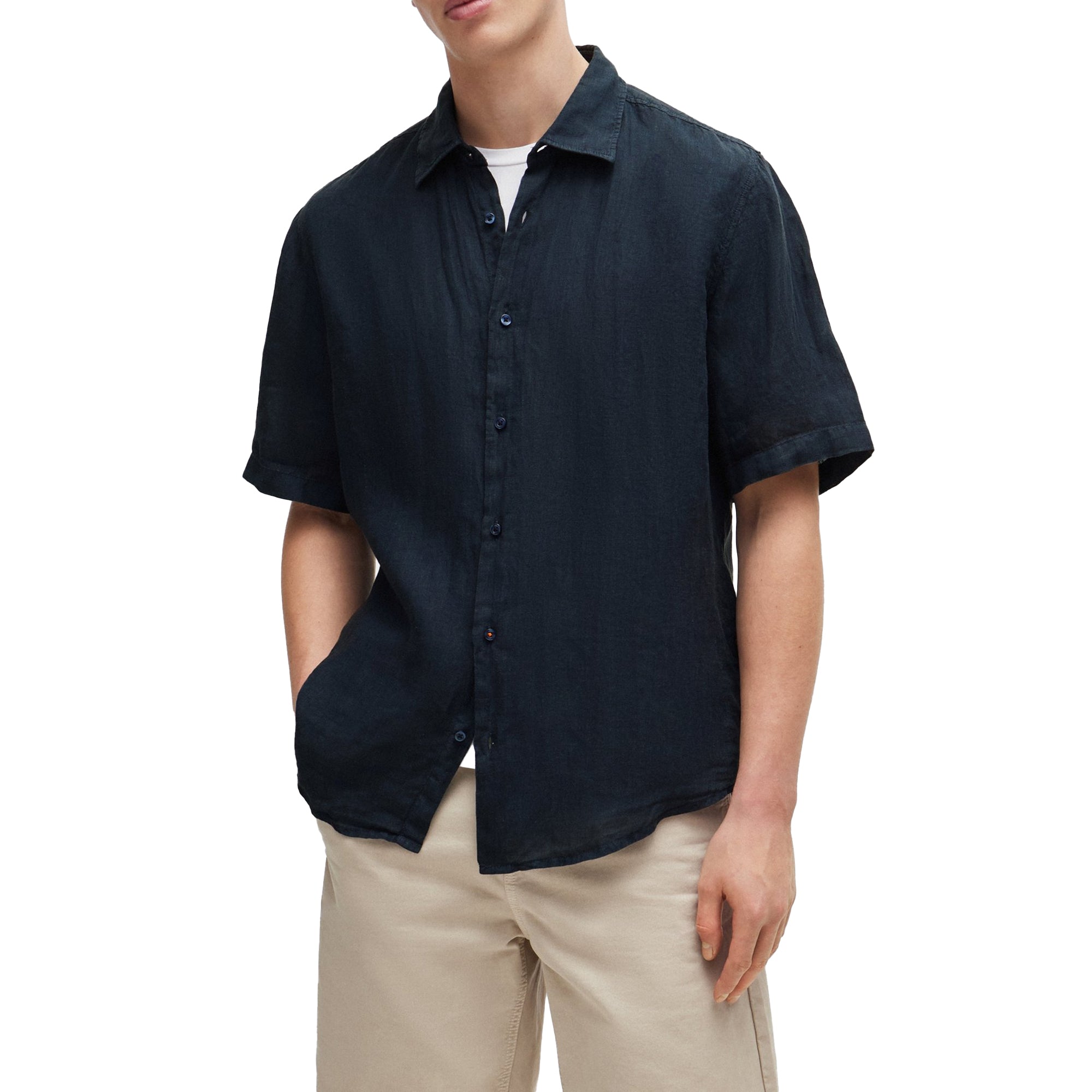 Boss Rash 2 Linen Short Sleeve Shirt - Navy