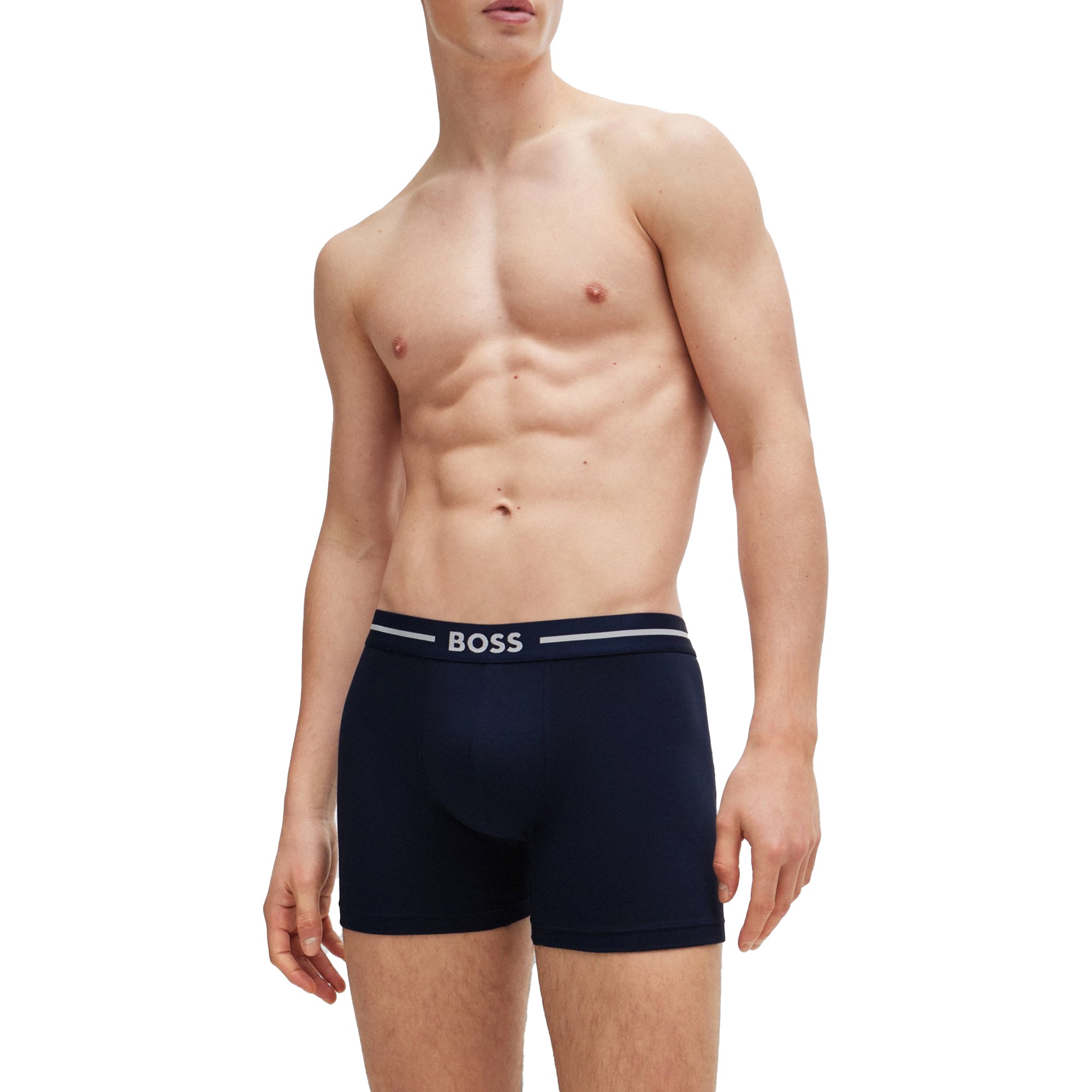 Model shot of man wearing Navy version of Boss Boxer Breifs