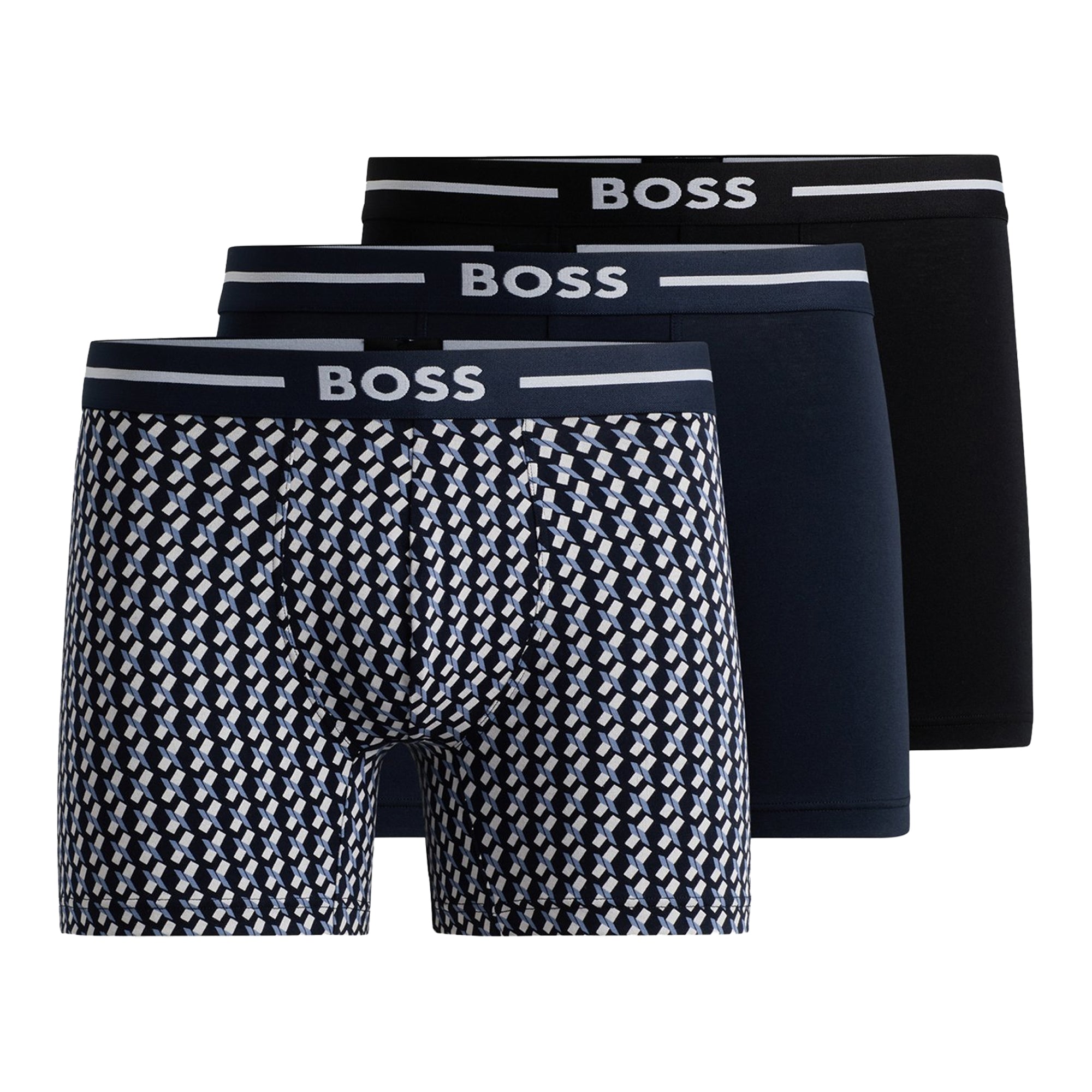 Stacked view of Boss Boxers Briefs in Pattern, Black and Navy