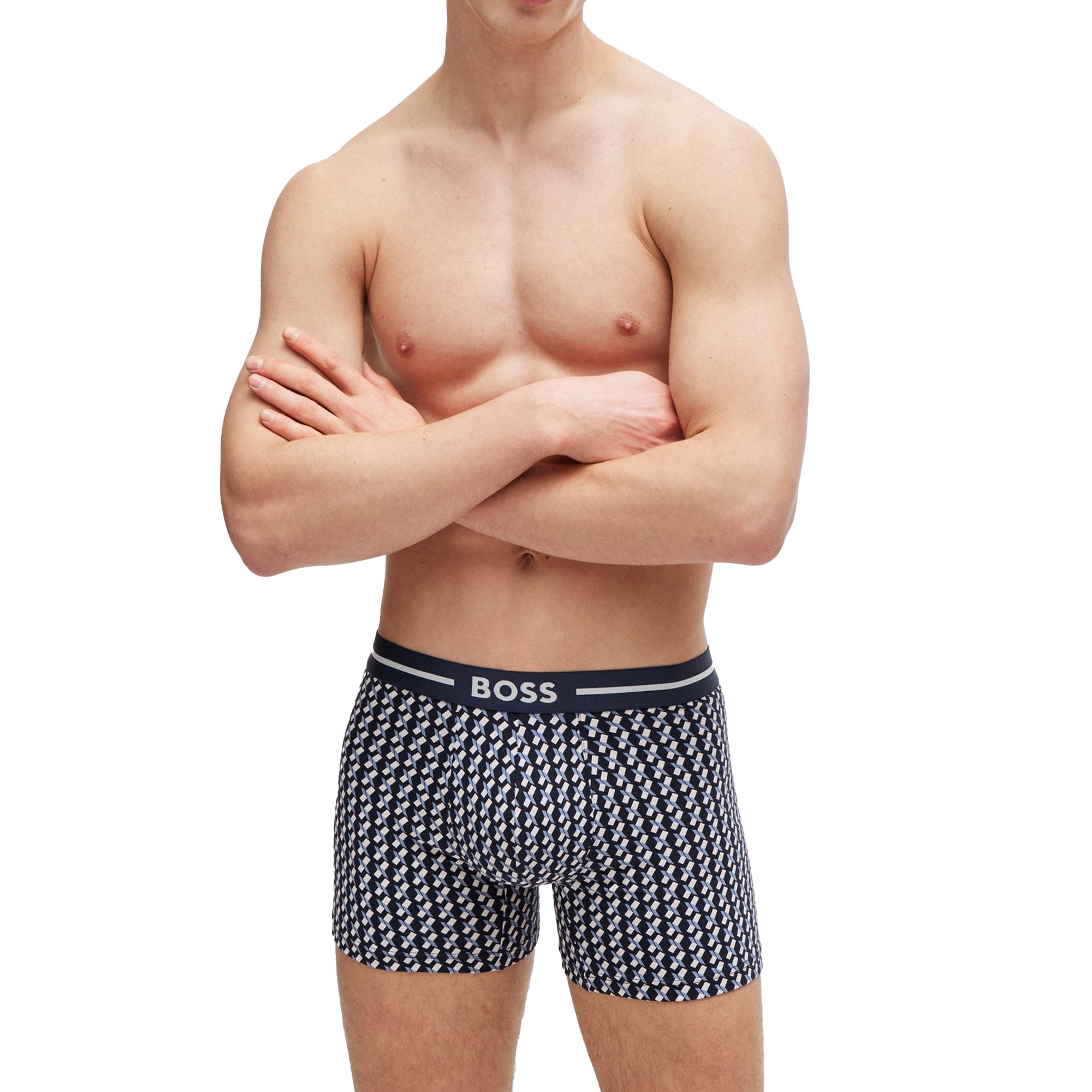 Model shot of man wearing Pattern version of Boss Boxer Breifs