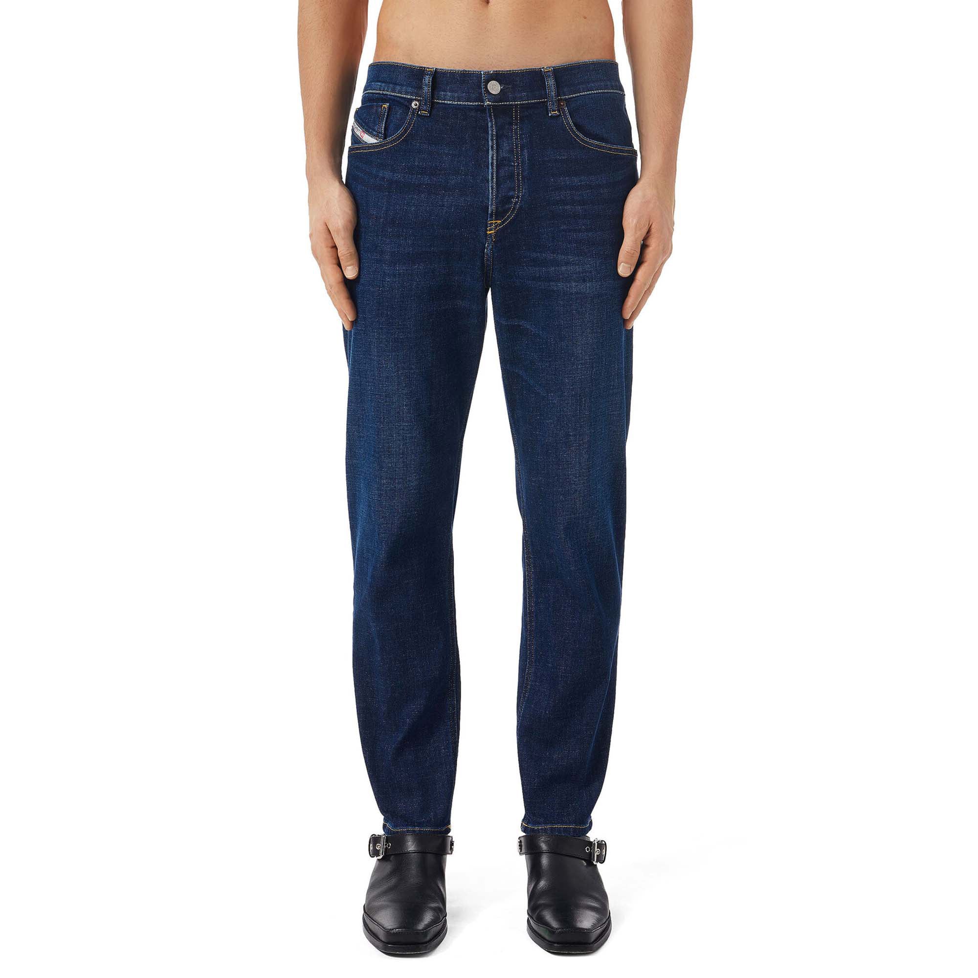 Front view of Diesel D-Fining 09B90 Tapered Fit Jeans in Medium Blue