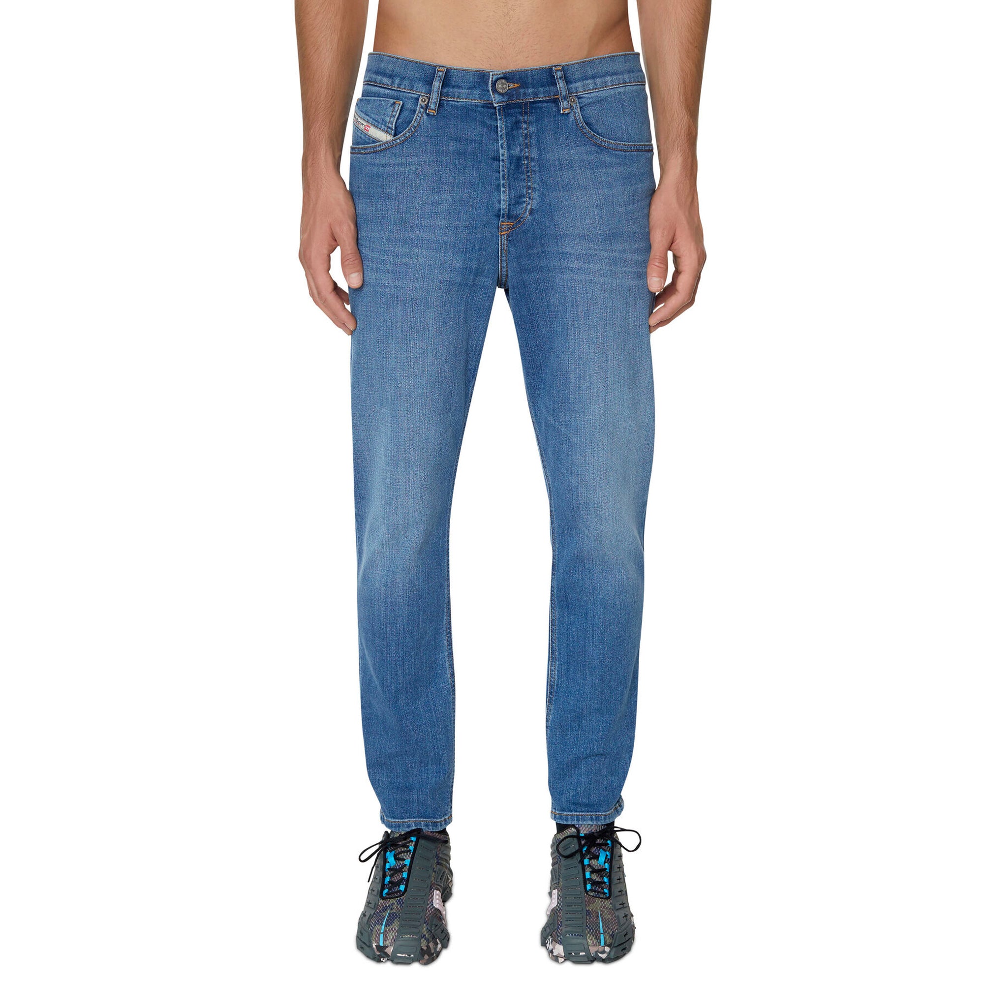 Front view of Diesel D-Fining 09D47 Tapered Fit Jeans in Medium Blue