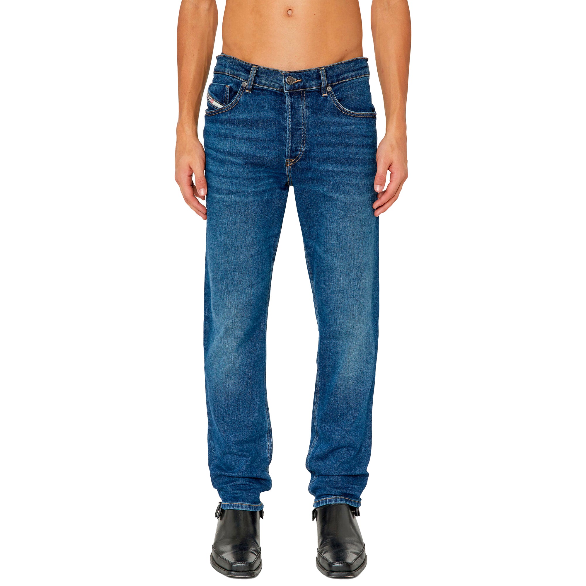 Front view of Diesel D-Fining 0GYCS Tapered Fit Jeans in Medium Blue