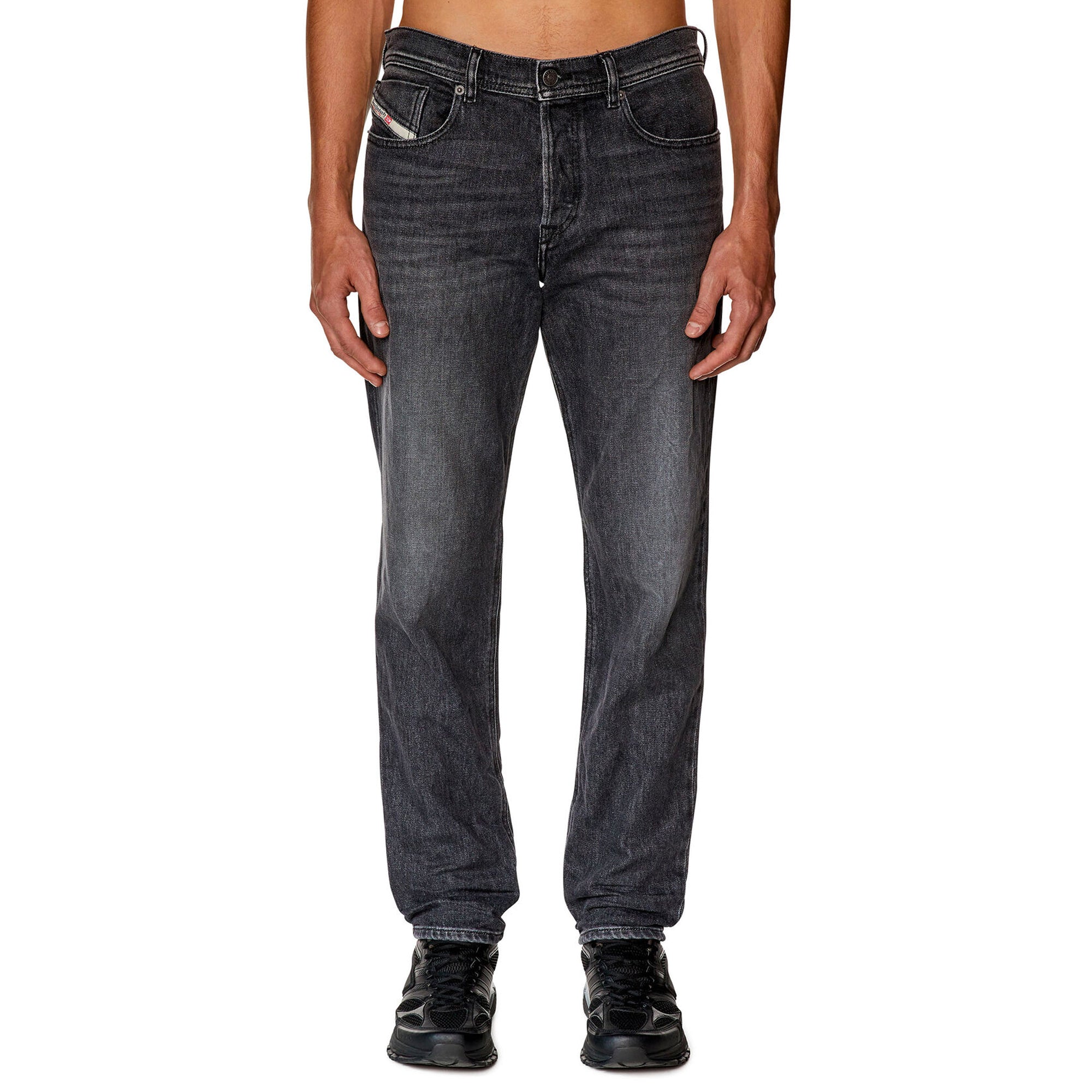 Front view of Diesel D-Finitive 09F84 Tapered Fit Jeans in Mid Grey