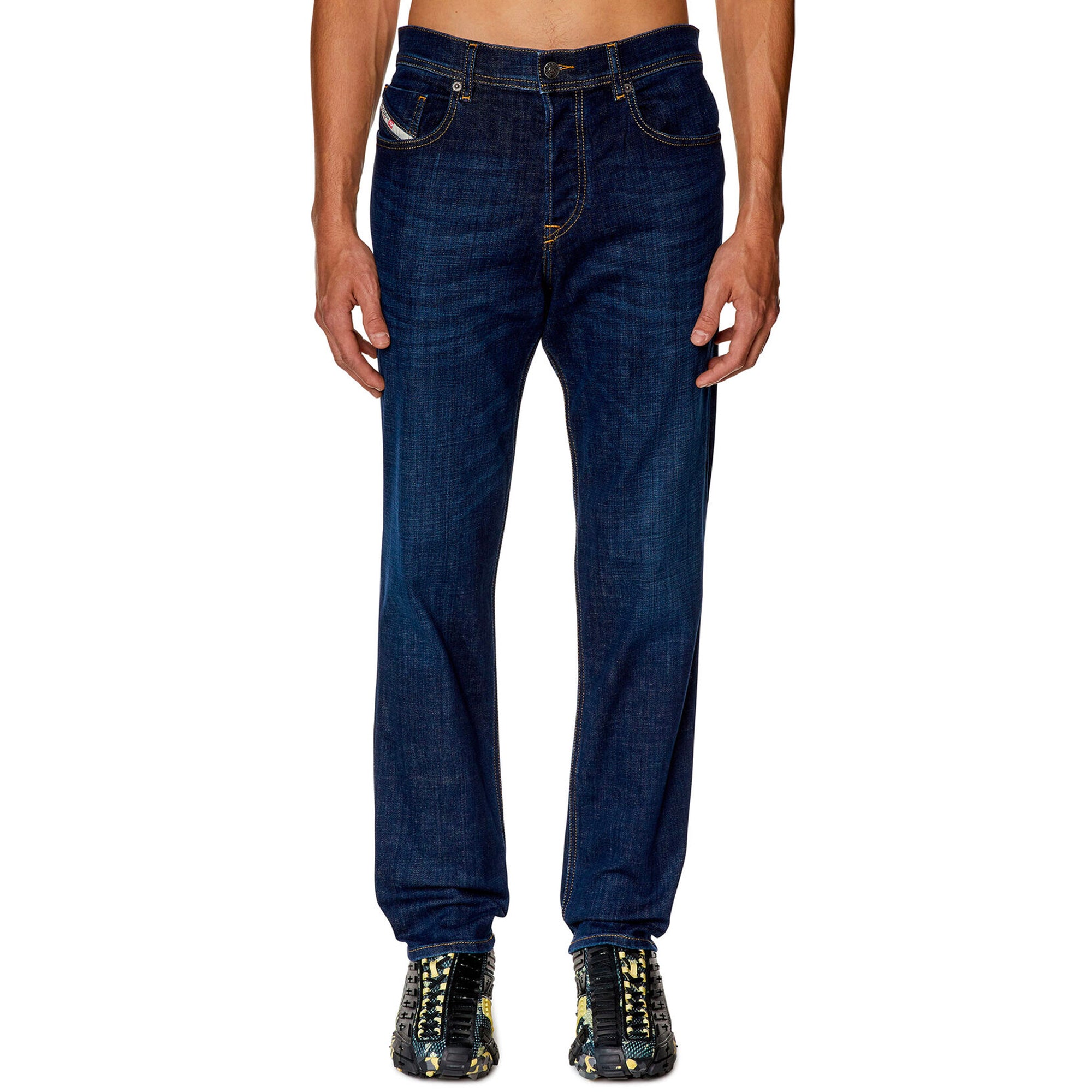 Front view of Diesel D-Finitive 09F89 Tapered Fit Jeans in Dark Blue