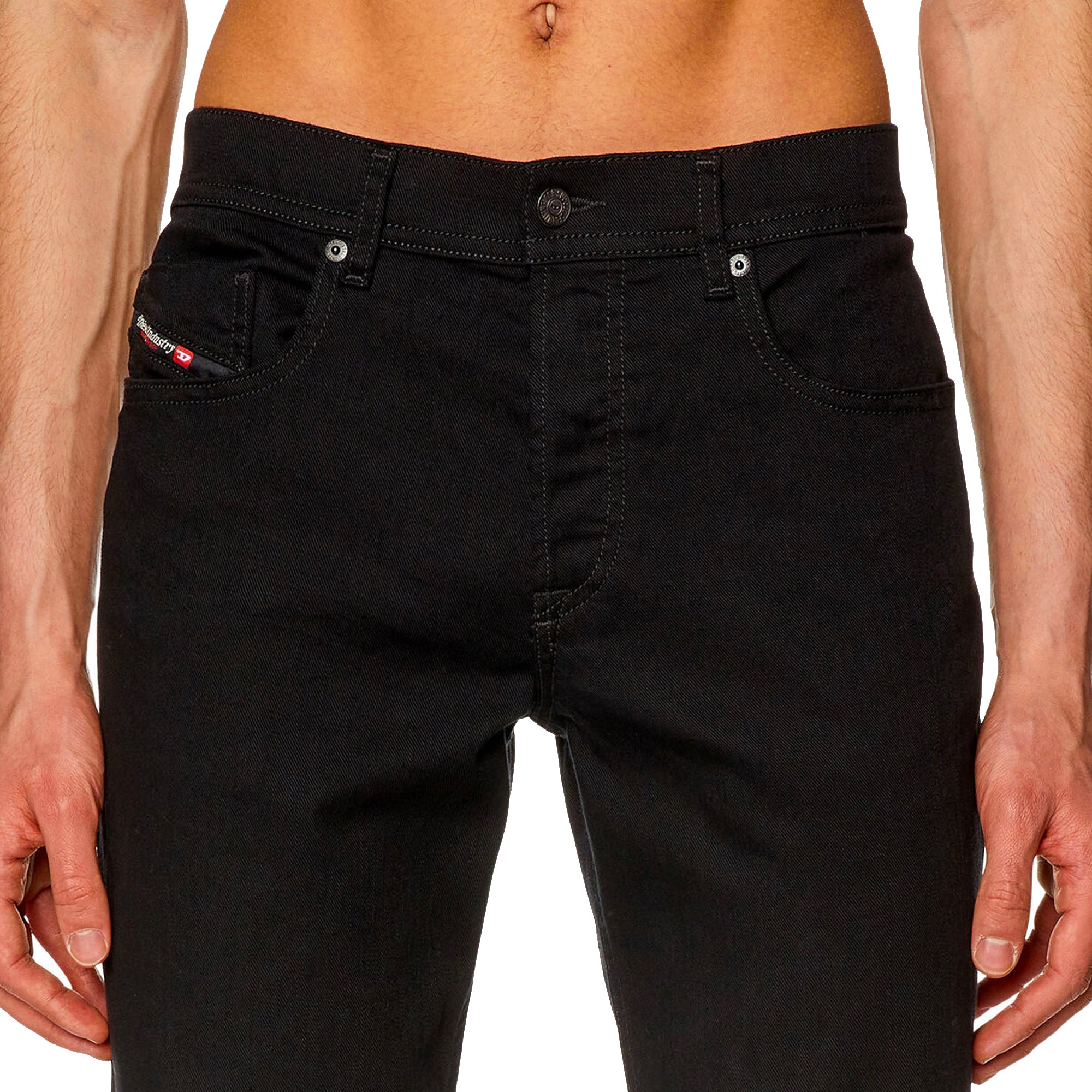 Close-up of waist on Diesel D-Finitive 69YP Tapered Fit Jeans in Black