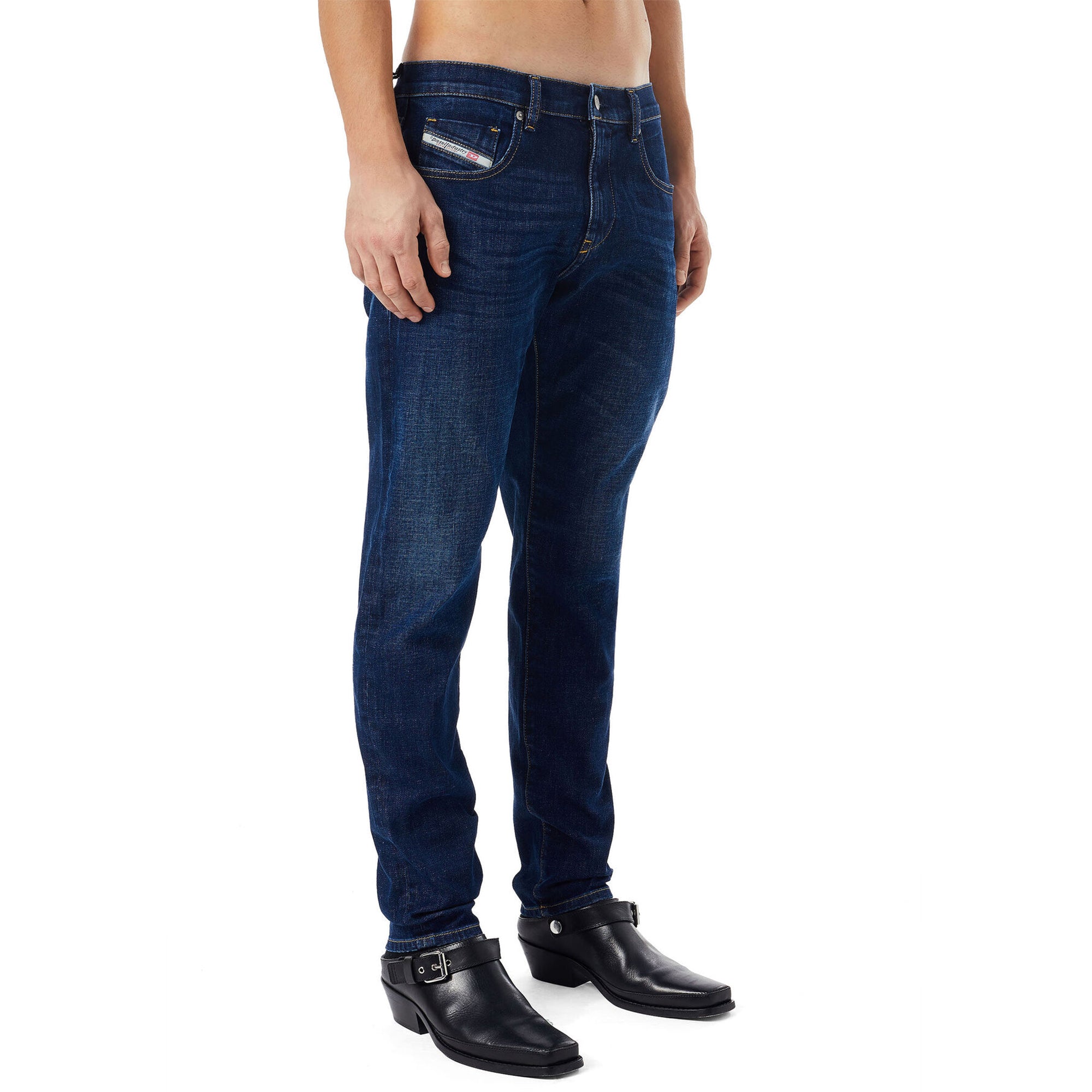 Side view of Diesel D-Strukt 09B90 Straight Fit Jeans in Medium Blue