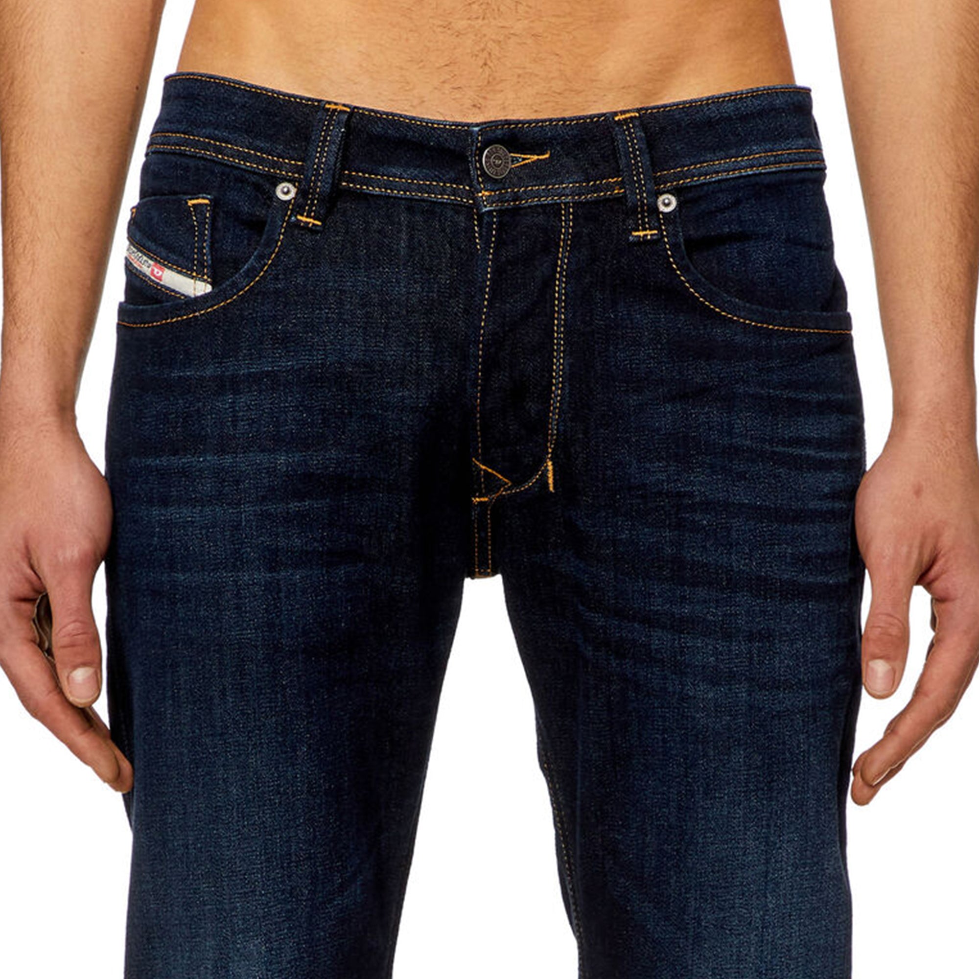 Close-up of waist on Diesel Larkee 009ZS Straight Fit Jean in Dark Blue