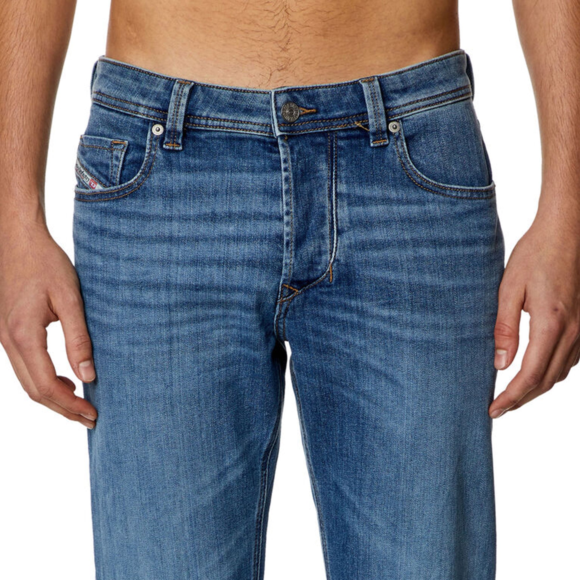 Close-up of waist on Diesel Larkee 0KIAL Straight Fit Jean in Light Blue