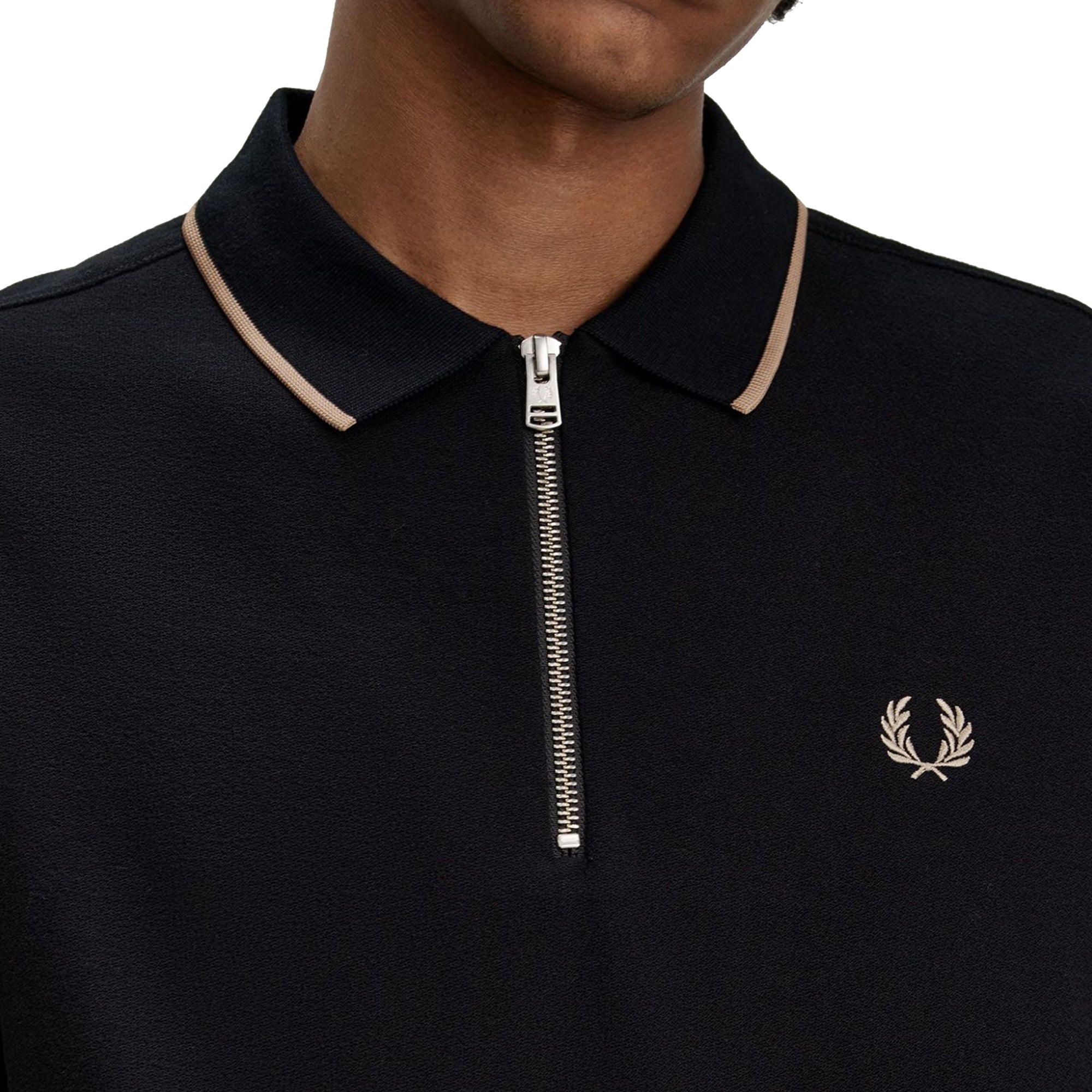 Close-up of model shot on Fred Perry Crepe Pique Zip Neck Polo for Men in Black