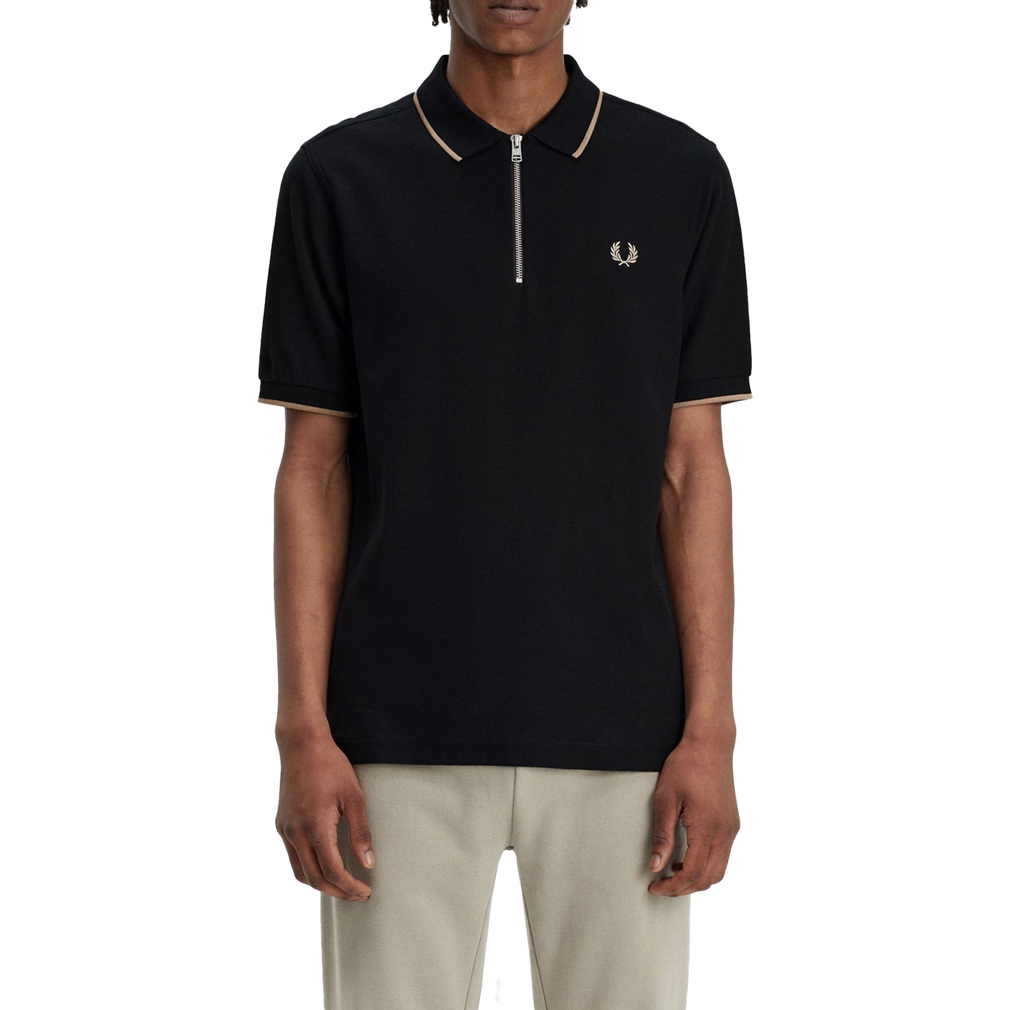 Front model shot of Fred Perry Crepe Pique Zip Neck Polo for Men in Black