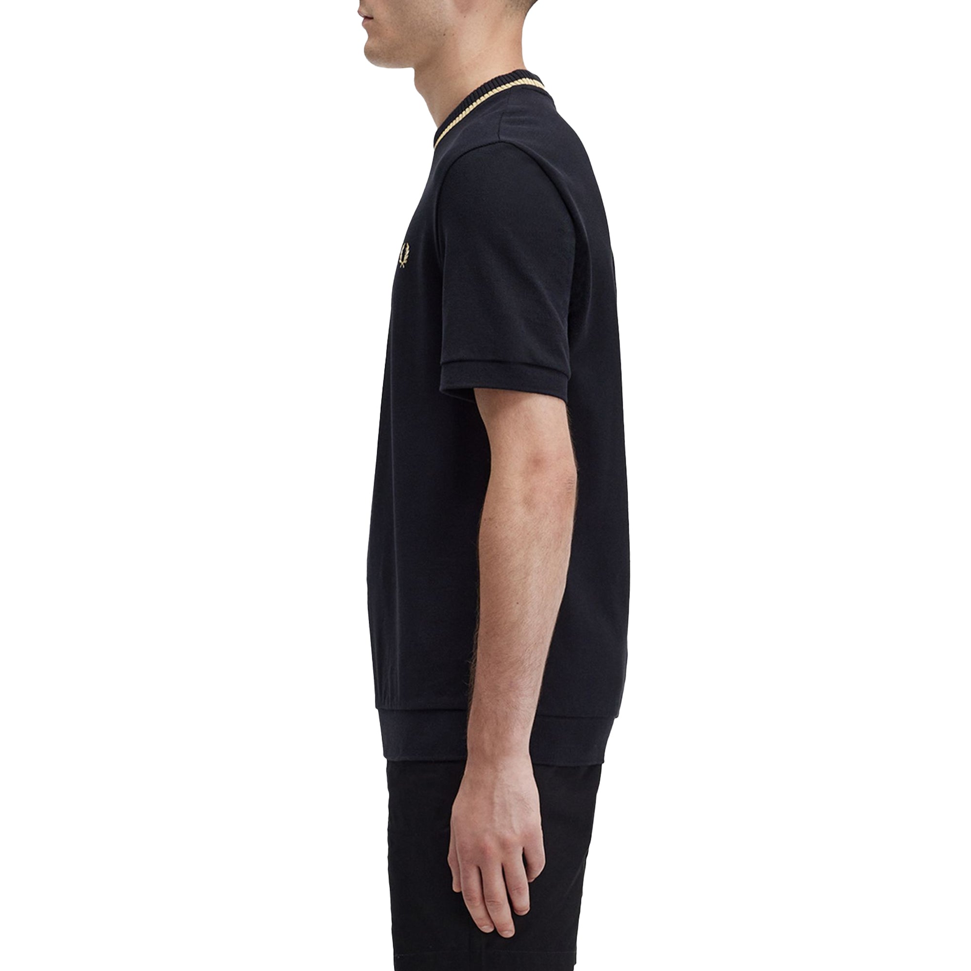 Side model shot of Fred Perry Crew Neck Pique T-Shirt for Men in Black