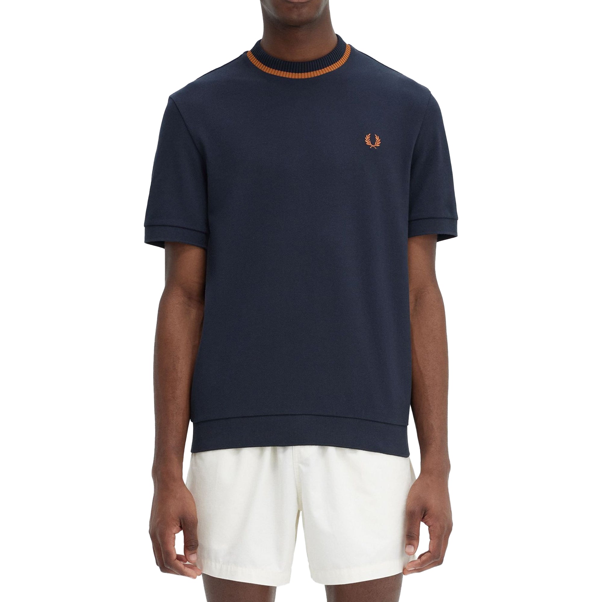 Front model shot of Laurel Wreath embroidery on Fred Perry Crew Neck Pique T-Shirt for Men in Navy