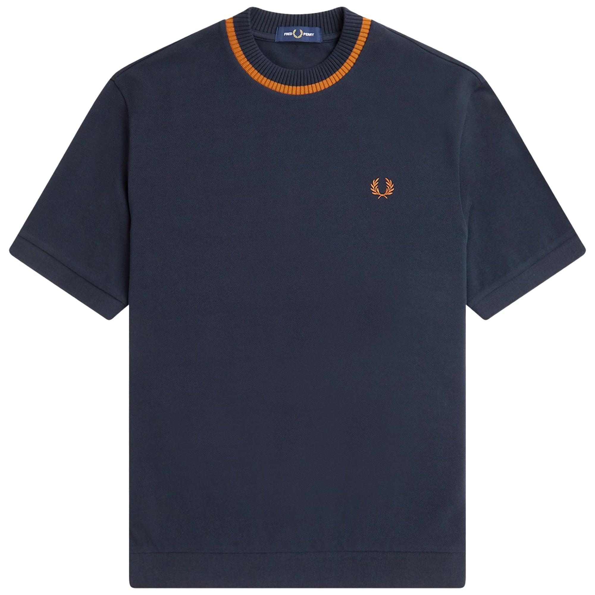 Front shot of Laurel Wreath embroidery on Fred Perry Crew Neck Pique T-Shirt for Men in Navy