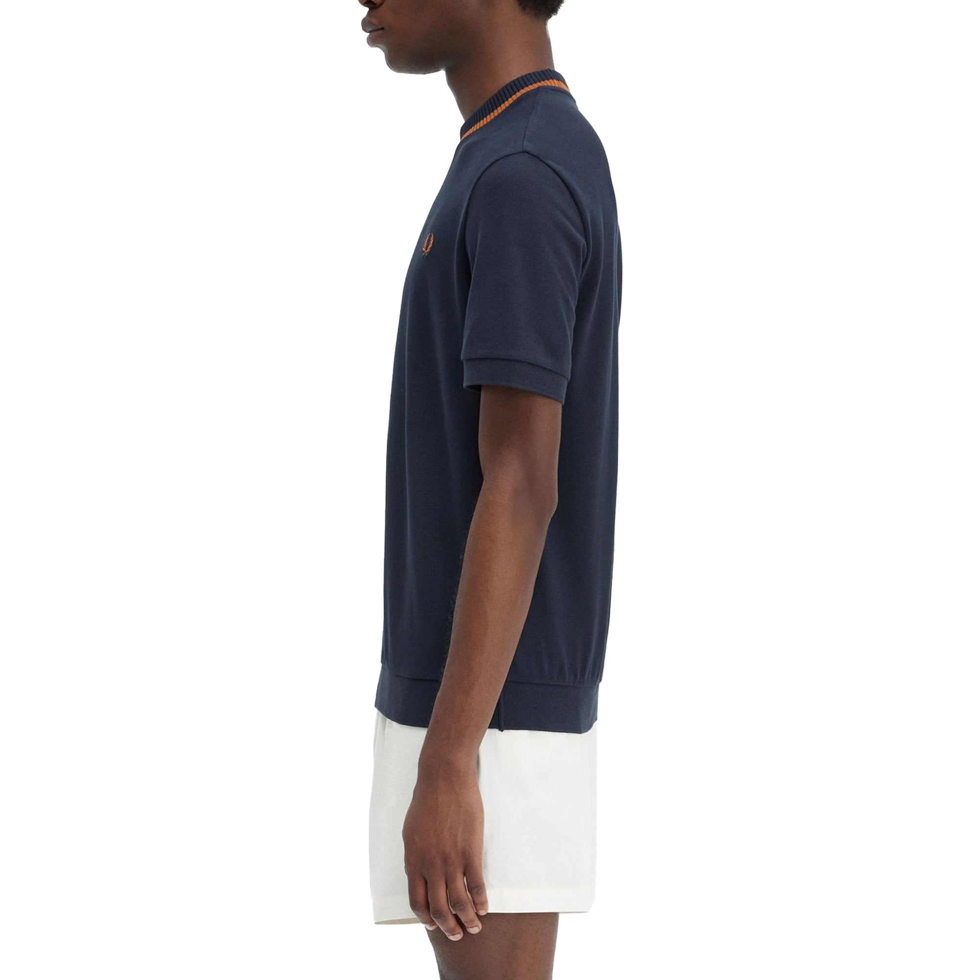 Side model shot of Laurel Wreath embroidery on Fred Perry Crew Neck Pique T-Shirt for Men in Navy