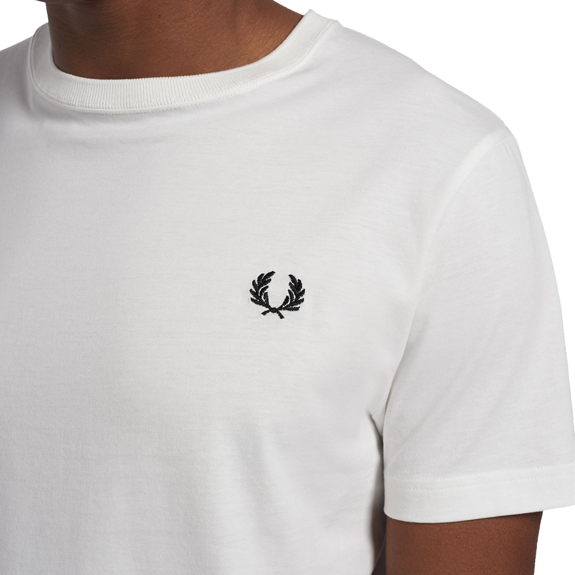 Close-up of Laurel Wreath embroidery on Fred Perry Crew Neck T-Shirt for Men in Snow White