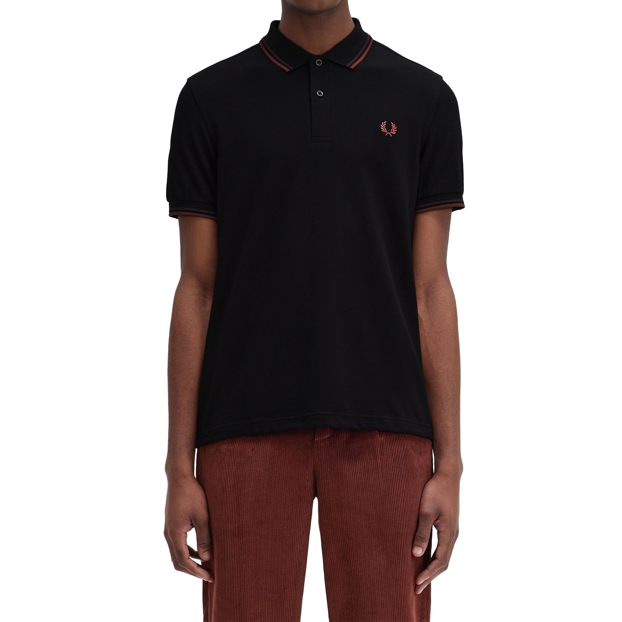 Front model shot of Fred Perry The Fred Perry Shirt for Men in Black/Carrington Road Brick/Whiskey Brown