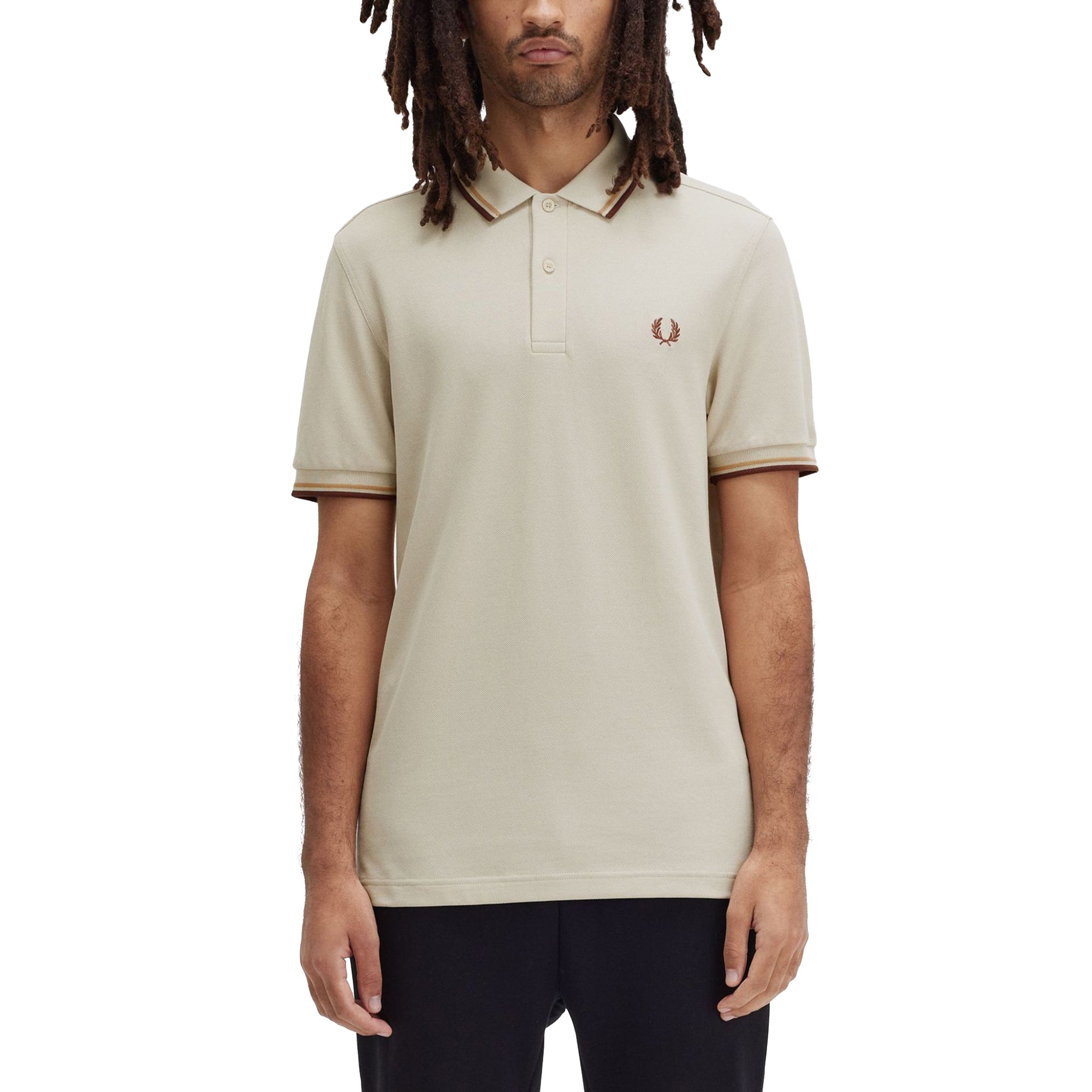 Front model shot of Fred Perry The Fred Perry Shirt for Men in Oatmeal/Honeycomb/Whisky Brown