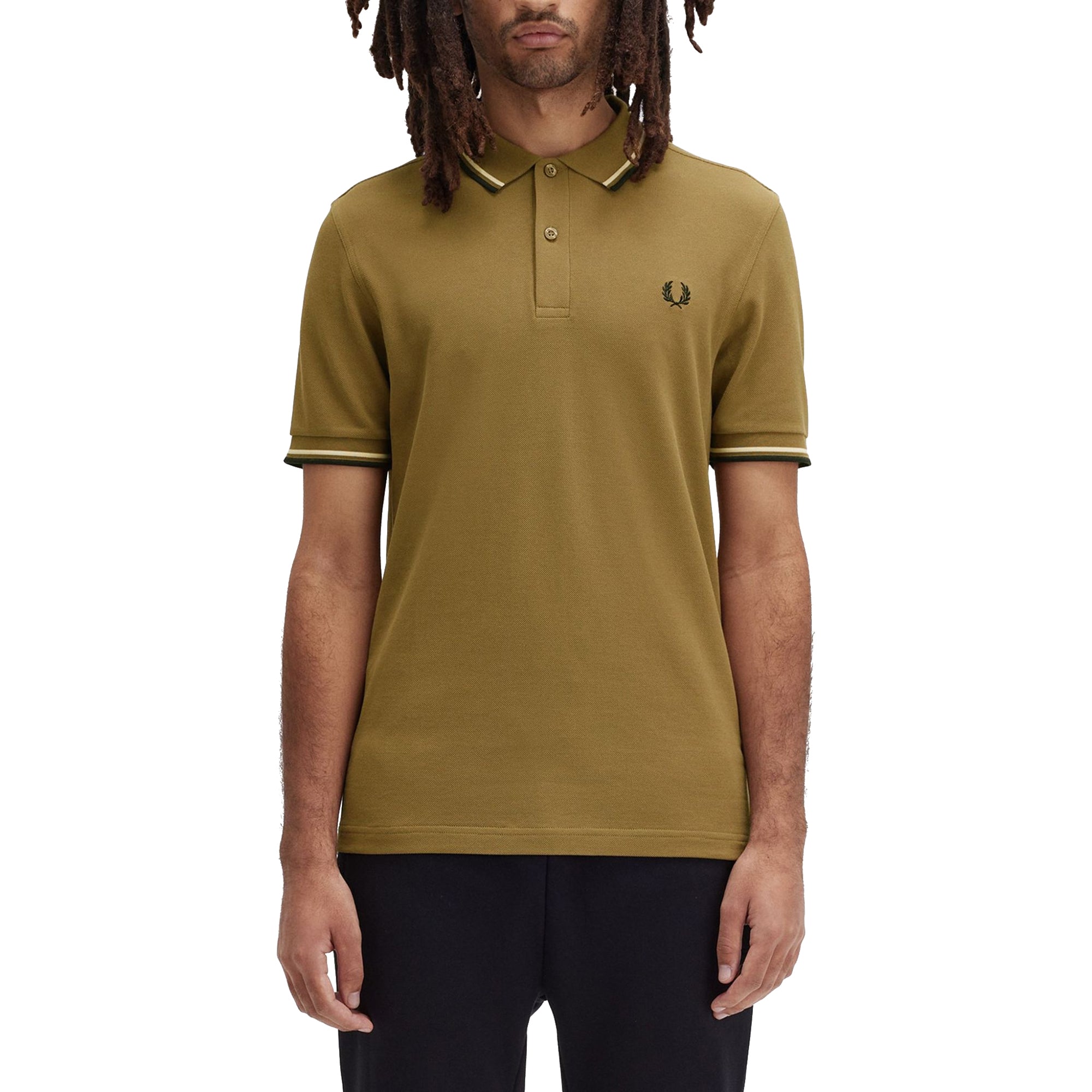 Front model shot of Fred Perry The Fred Perry Shirt for Men in Shaded Stone/Ice Cream/Black