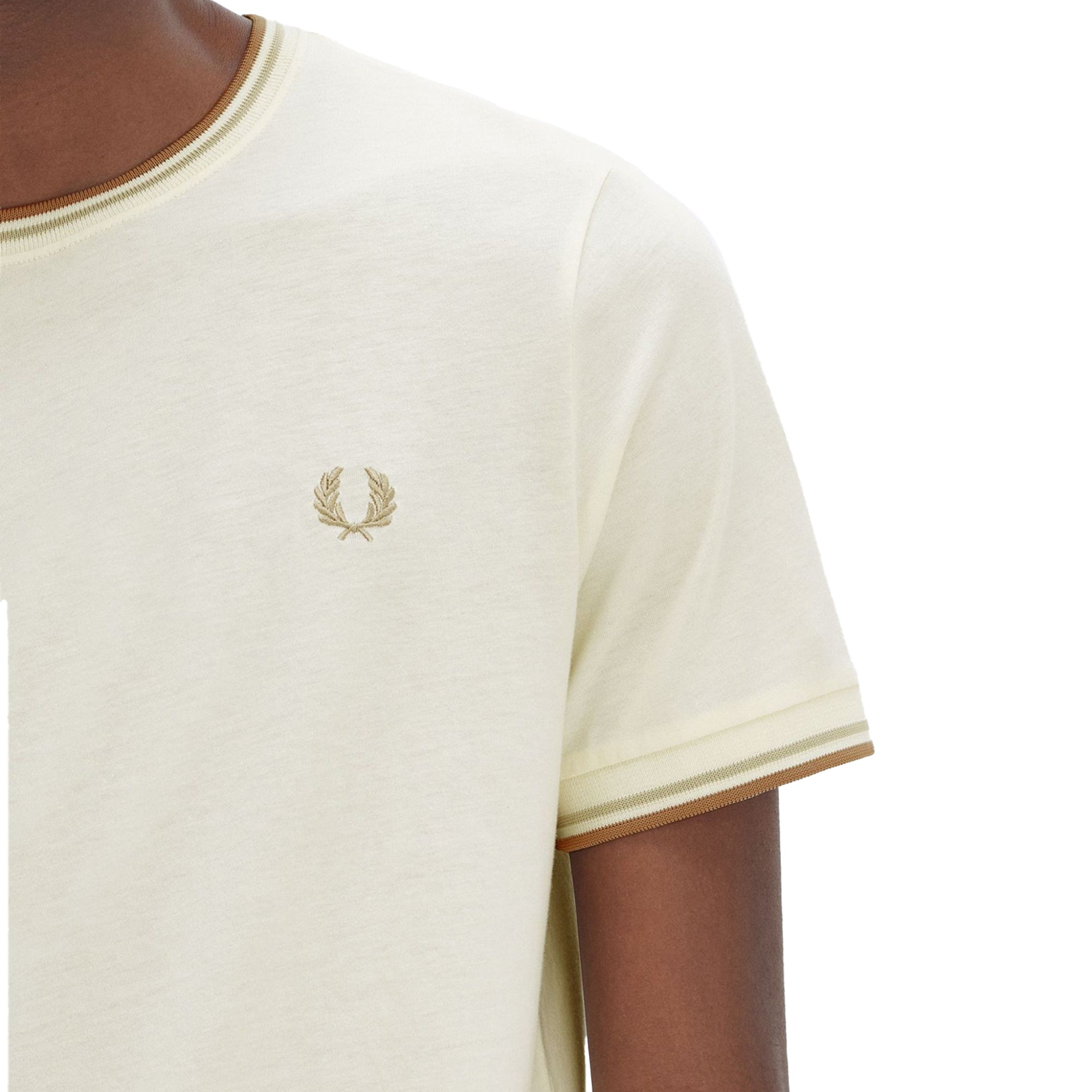 Close-up of Fred Perry Twin Tipped T-Shirt for Men in Ecru/Oat/Warm Stone