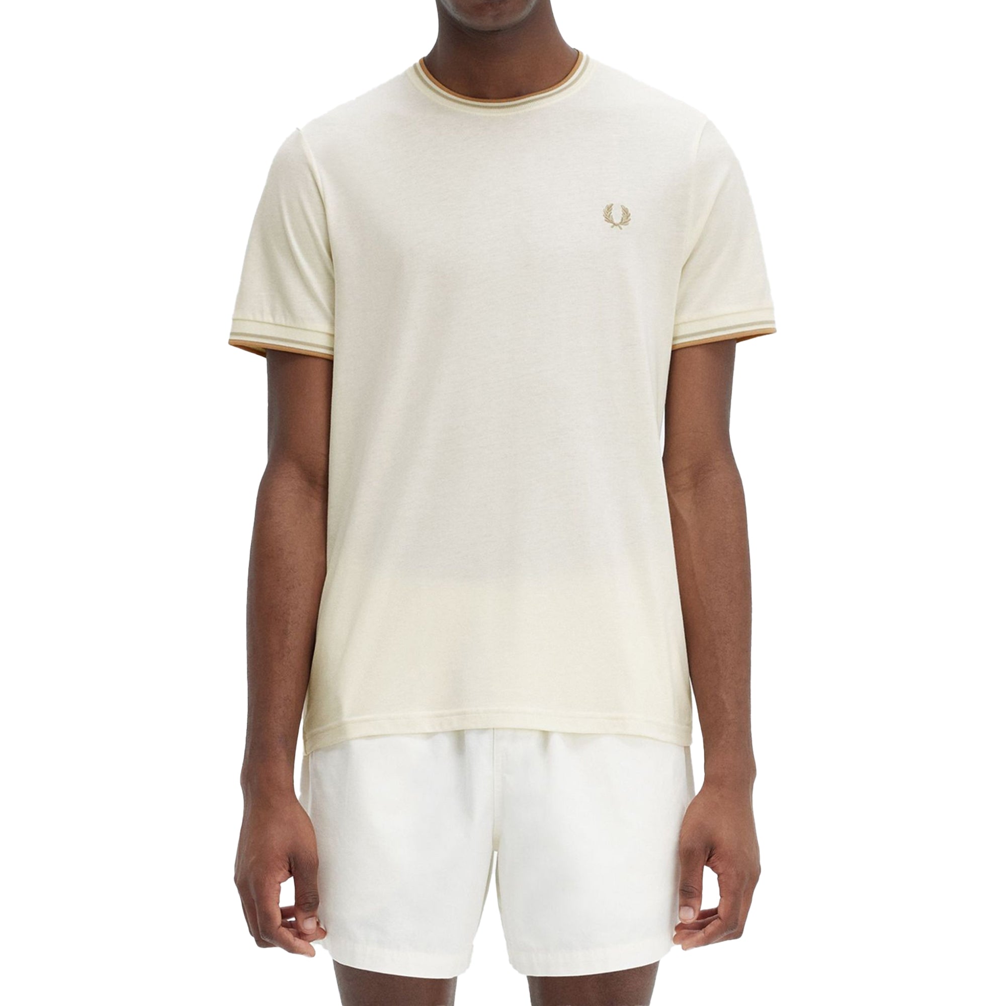 Front model shot of Fred Perry Twin Tipped T-Shirt for Men in Ecru/Oat/Warm Stone