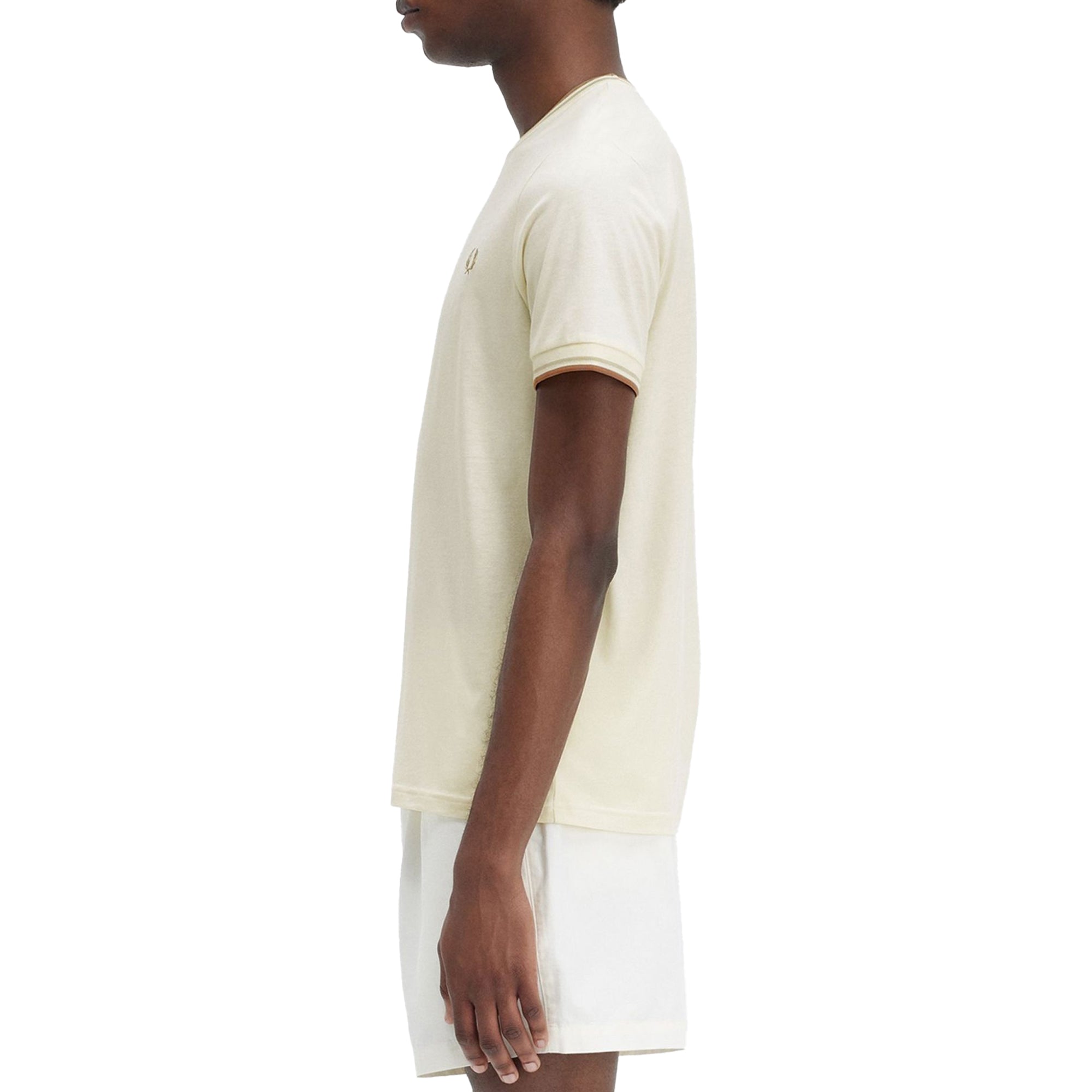 Side model shot of Fred Perry Twin Tipped T-Shirt for Men in Ecru/Oat/Warm Stone