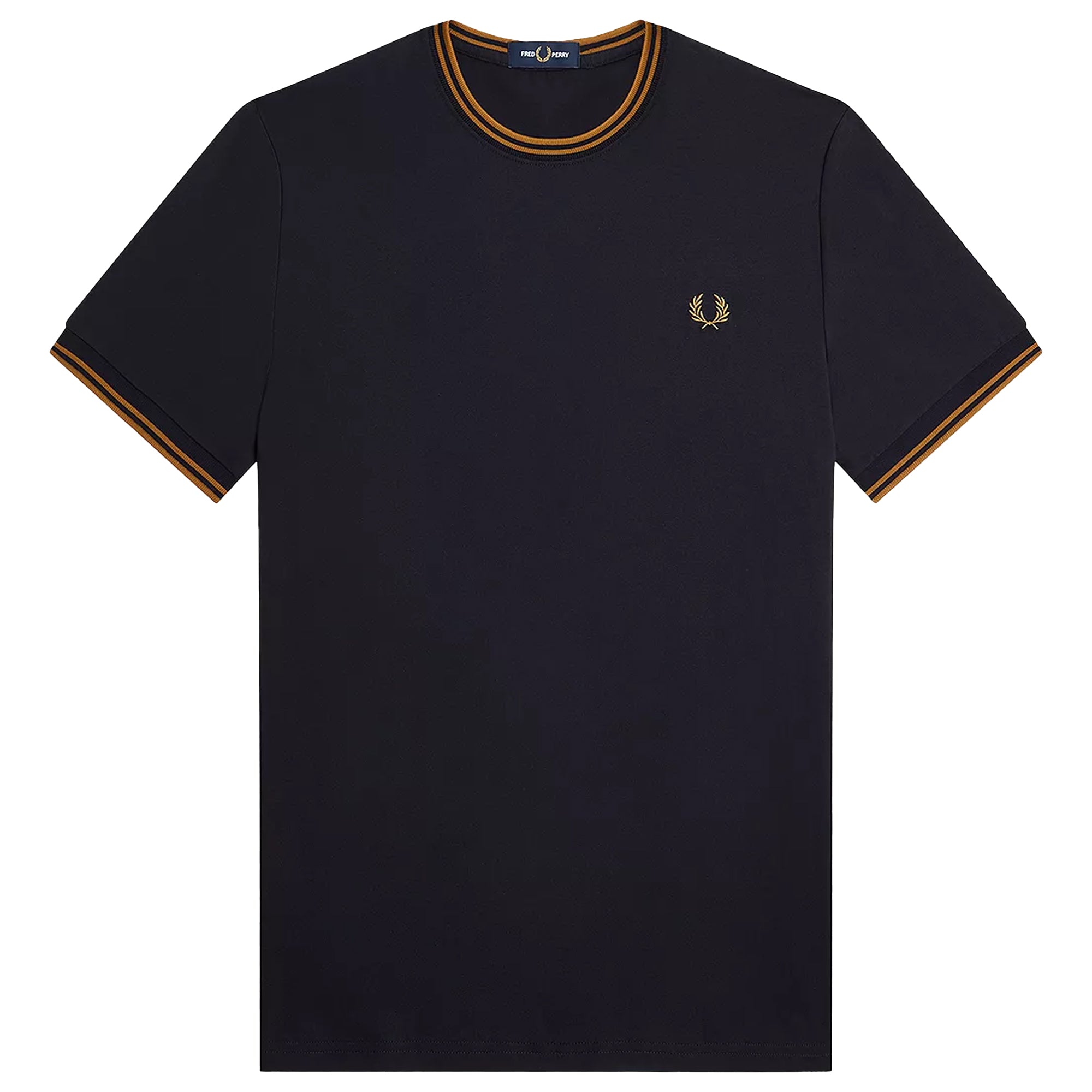 Front view of Fred Perry Twin Tipped T-Shirt for Men in Navy/Dark Caramel