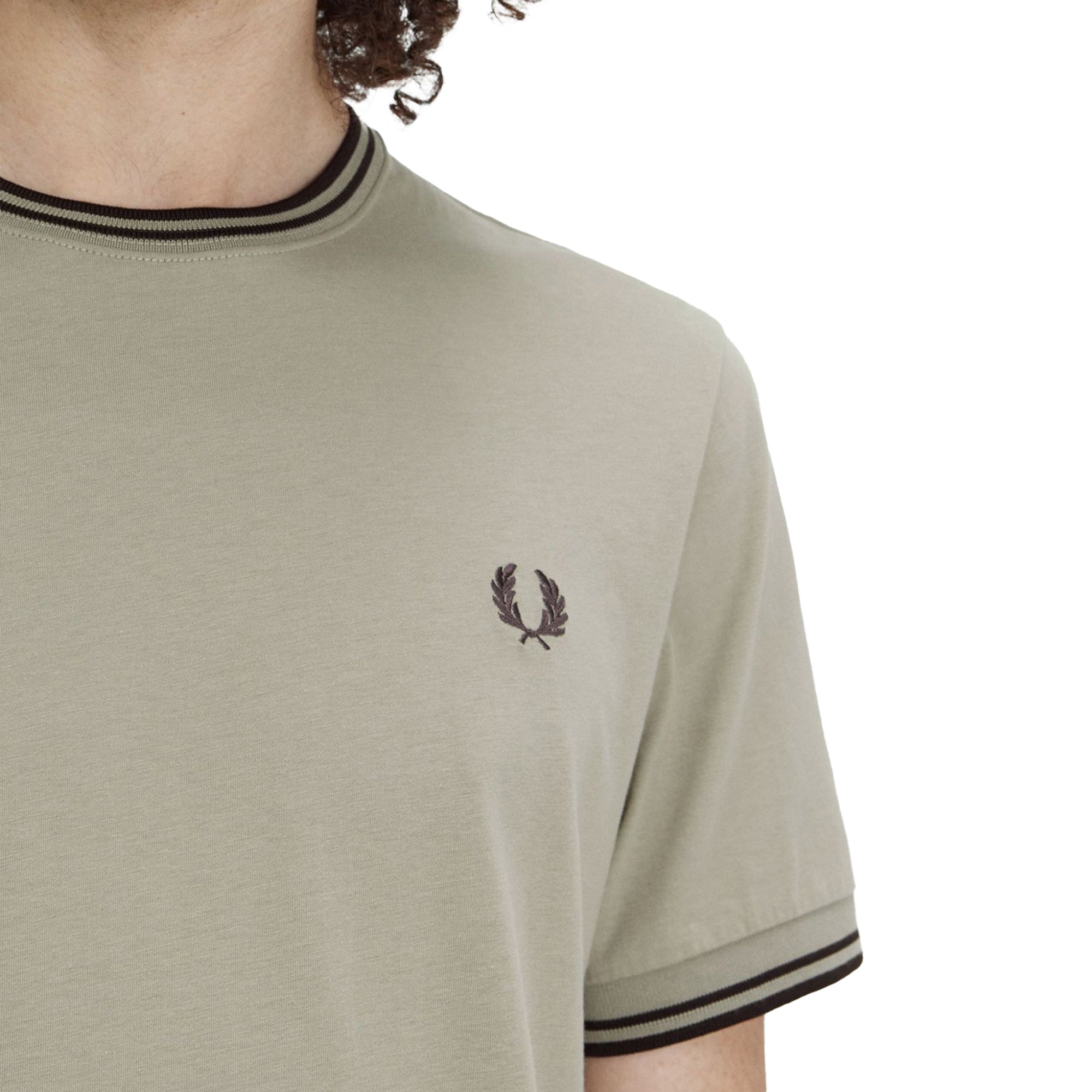 Close-up of Fred Perry Twin Tipped T-Shirt for Men in Warm Grey/Brick