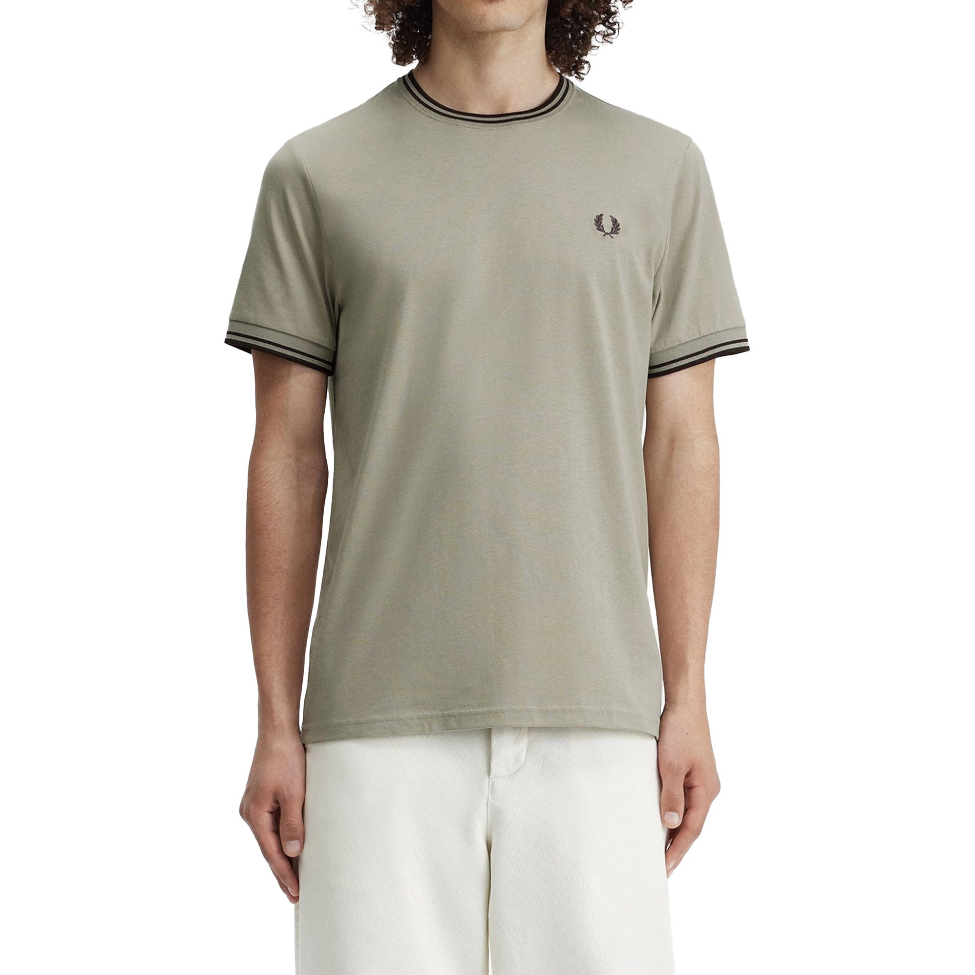 Front model shot of Fred Perry Twin Tipped T-Shirt for Men in Warm Grey/Brick