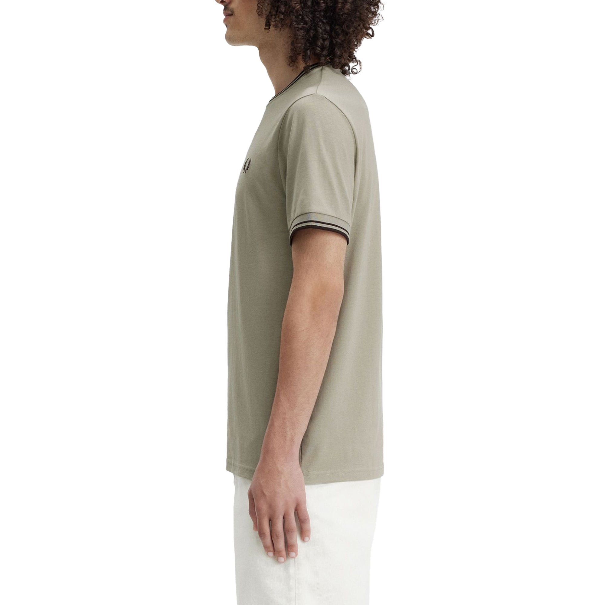 Side model shot of Fred Perry Twin Tipped T-Shirt for Men in Warm Grey/Brick