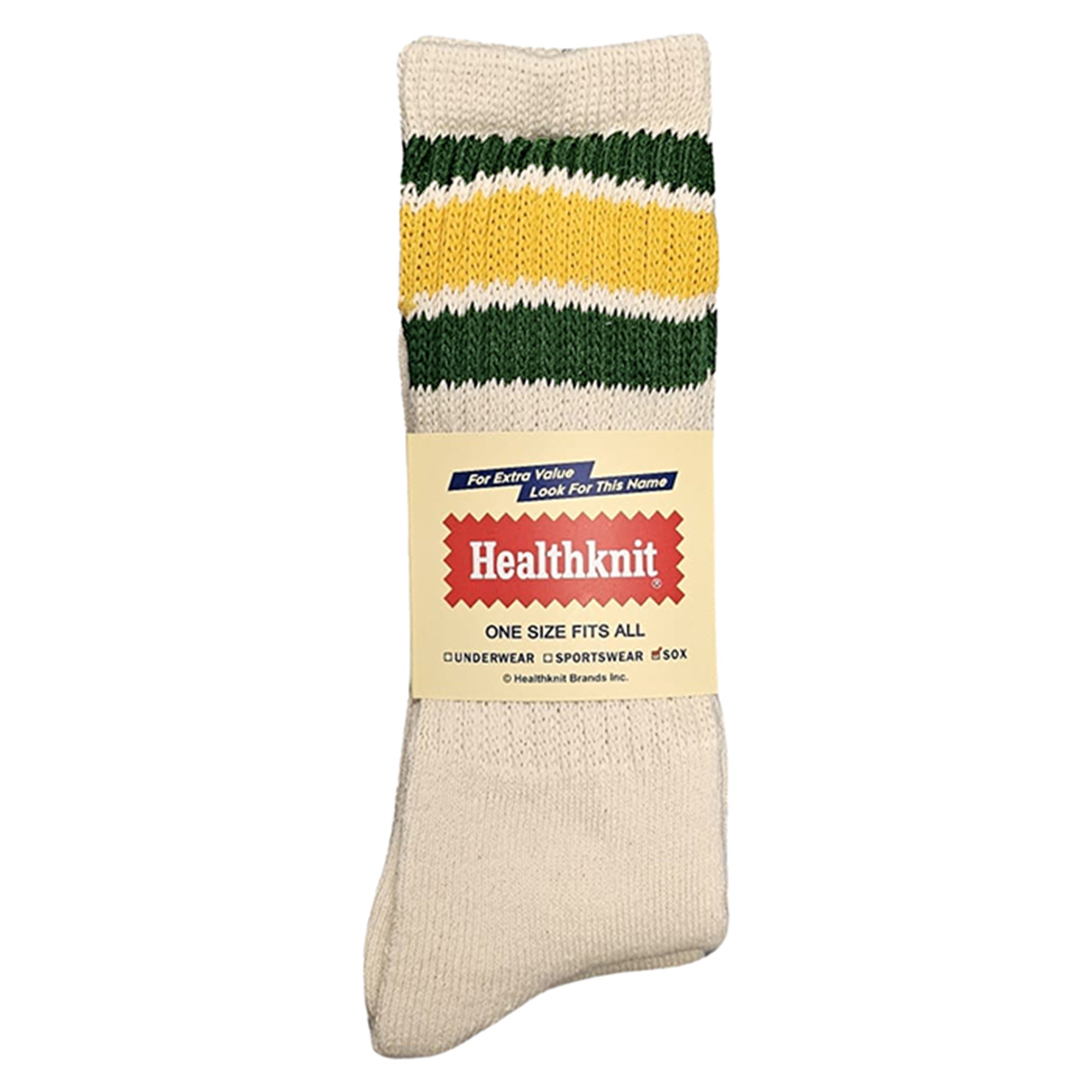 Front packaged view of Healthknit 3 Pack Socks for Men in Off White/Multi Stripe