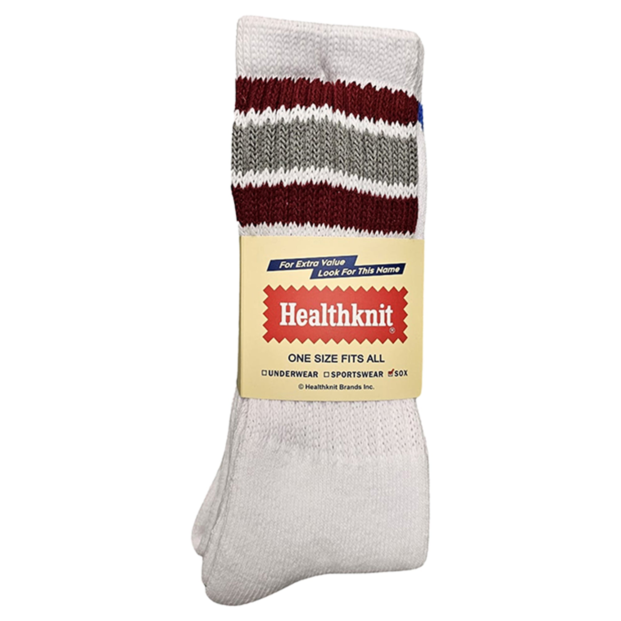 Front packaged view of Healthknit 3 Pack Socks for Men in White/Multi Stripe