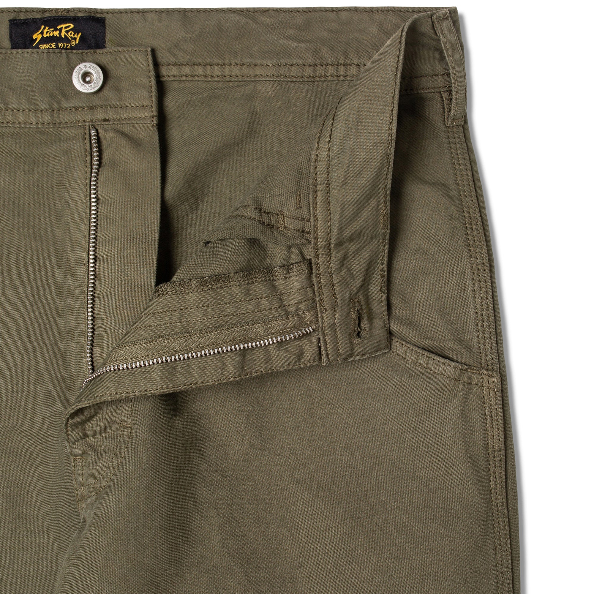 Close-up of fly on Stan Ray 80s Painter Pant for Men in Olive Twill