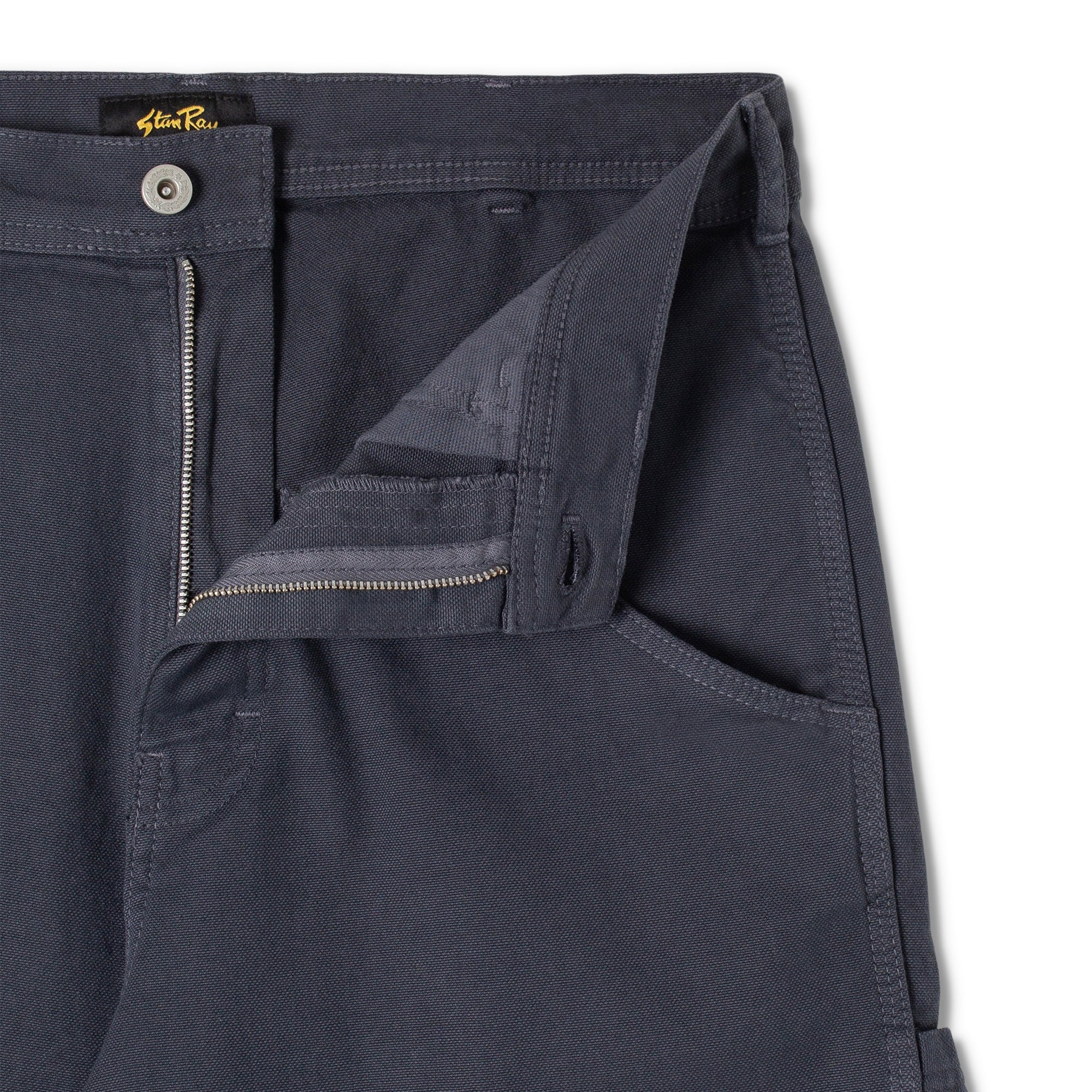 Close-up of front fly on Stan Ray Big Job Shorts for Men in Navy Duck