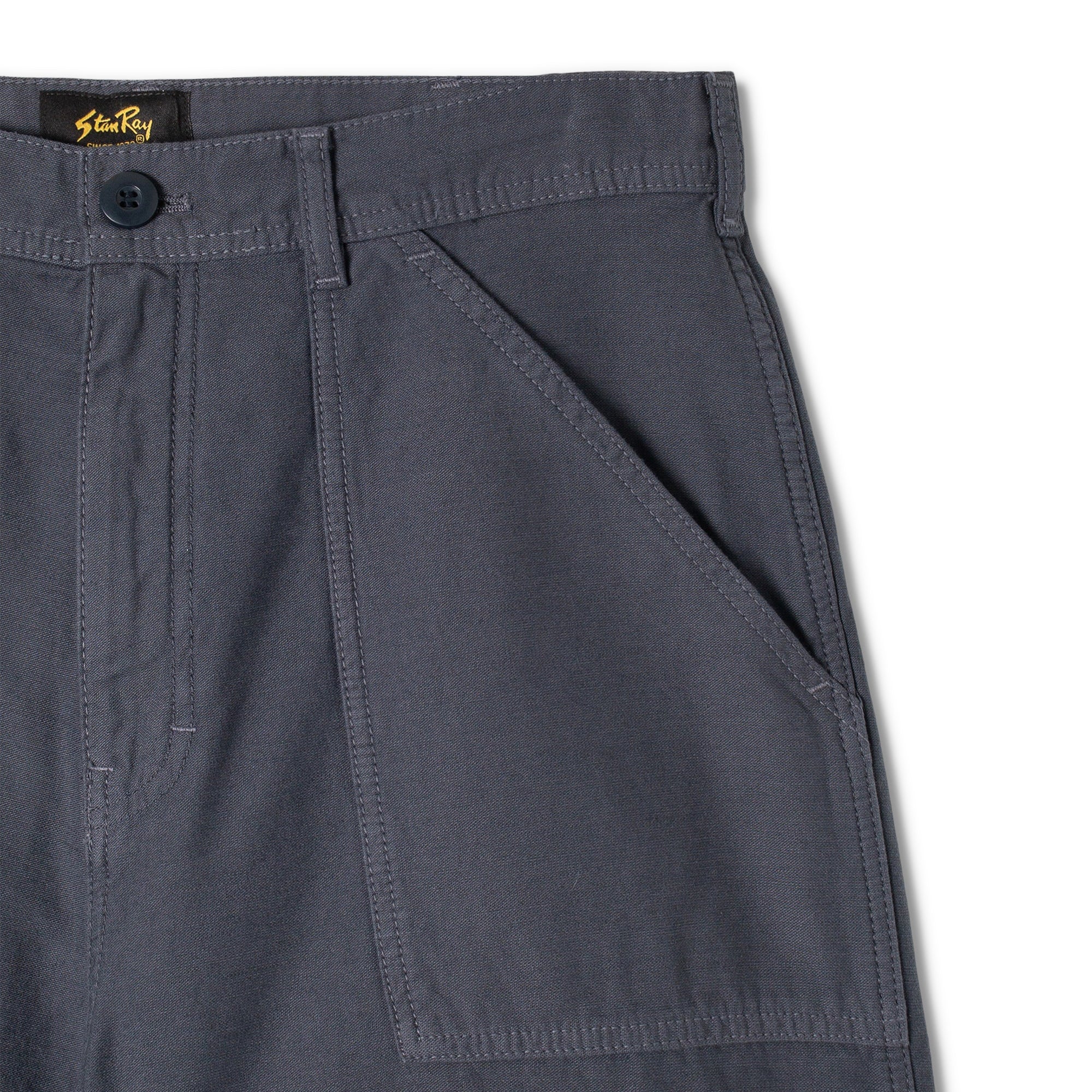 Close-up of front fly on Stan Ray Fat Shorts for Men in Navy Sateen