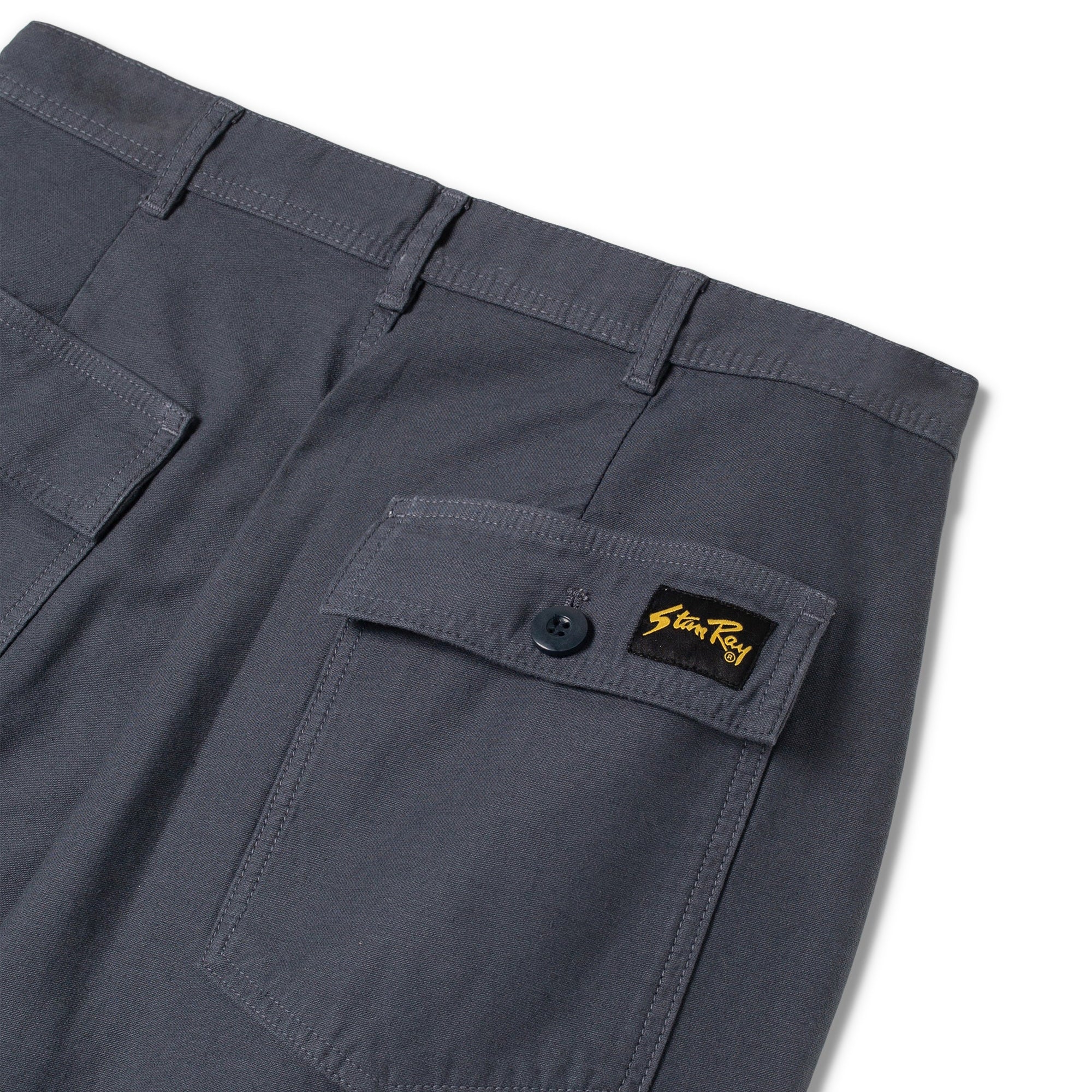 Close-up of rear pocket on Stan Ray Fat Shorts for Men in Navy Sateen