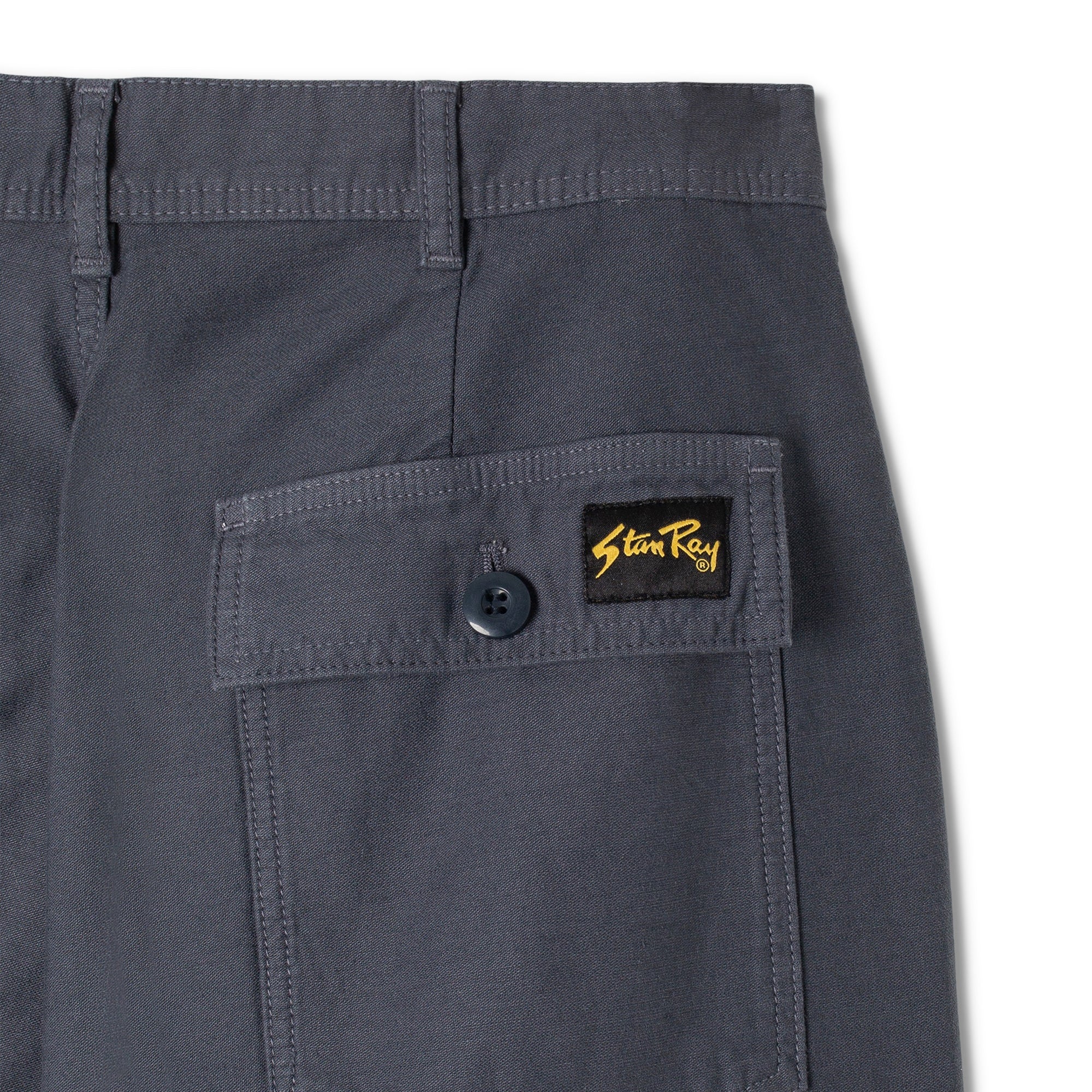 Close-up of rear waist on Stan Ray Fat Shorts for Men in Navy Sateen