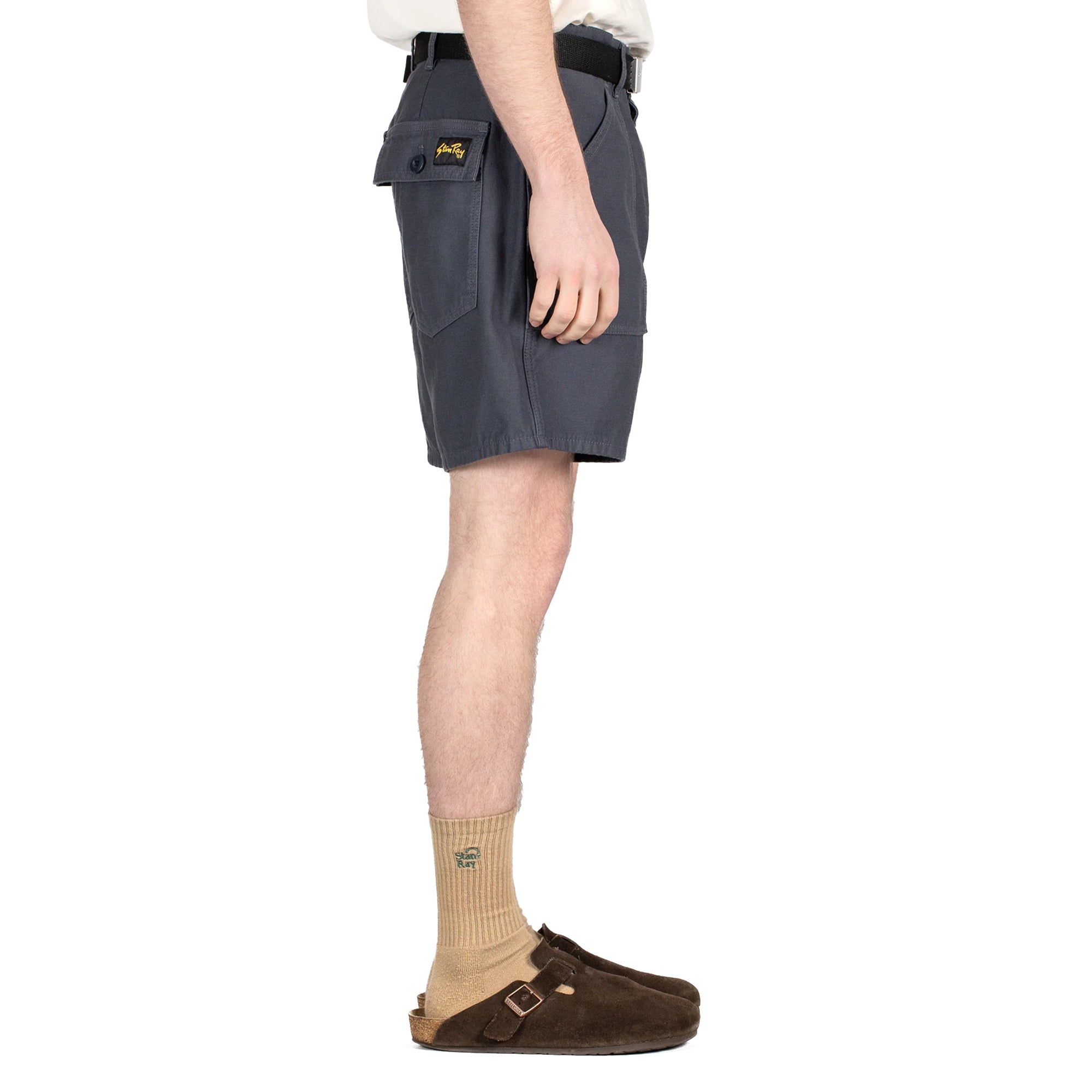 Side model shot of Stan Ray Fat Shorts for Men in Navy Sateen