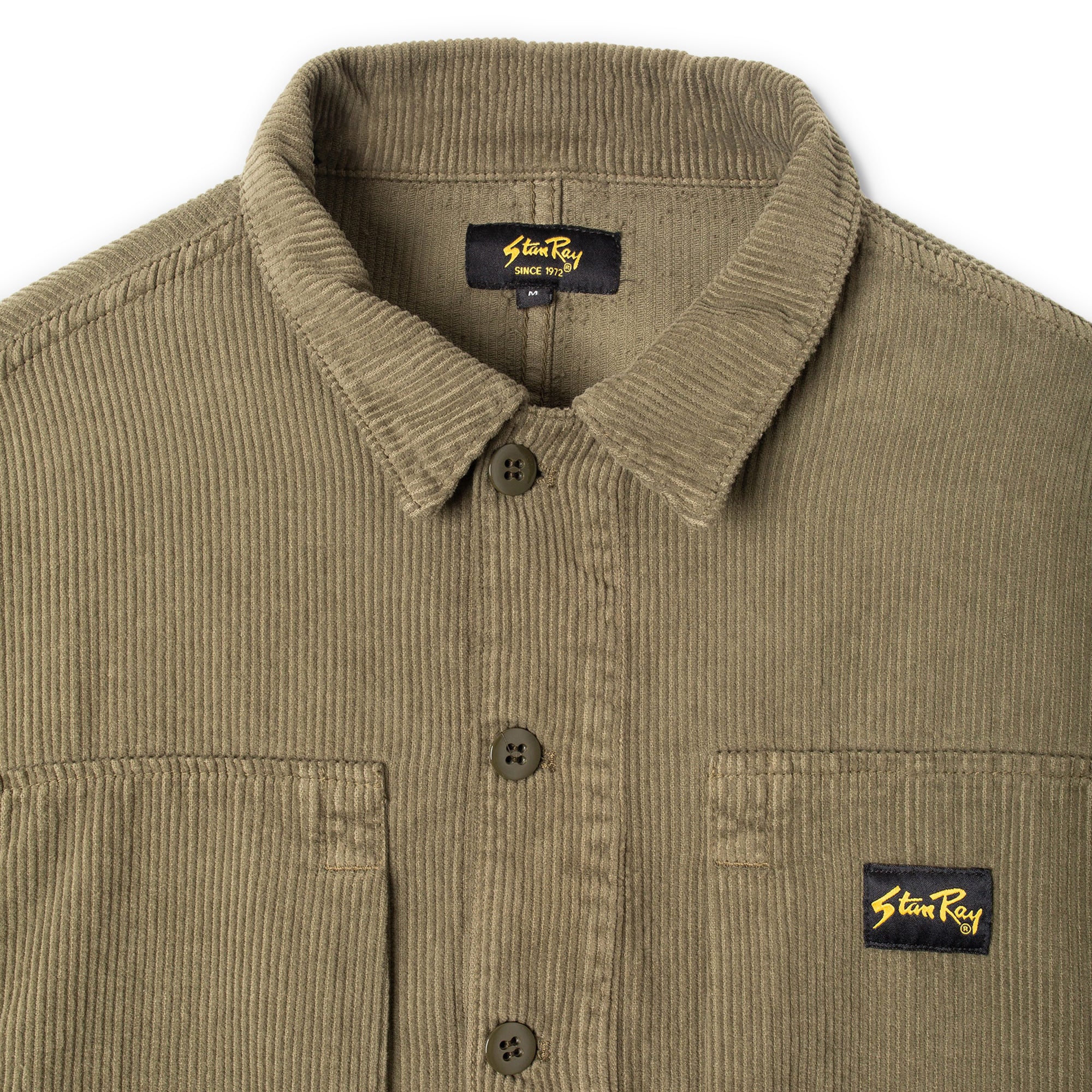 Close-up of collar on Stan Ray Painters Shirt for Men in Olive Cord