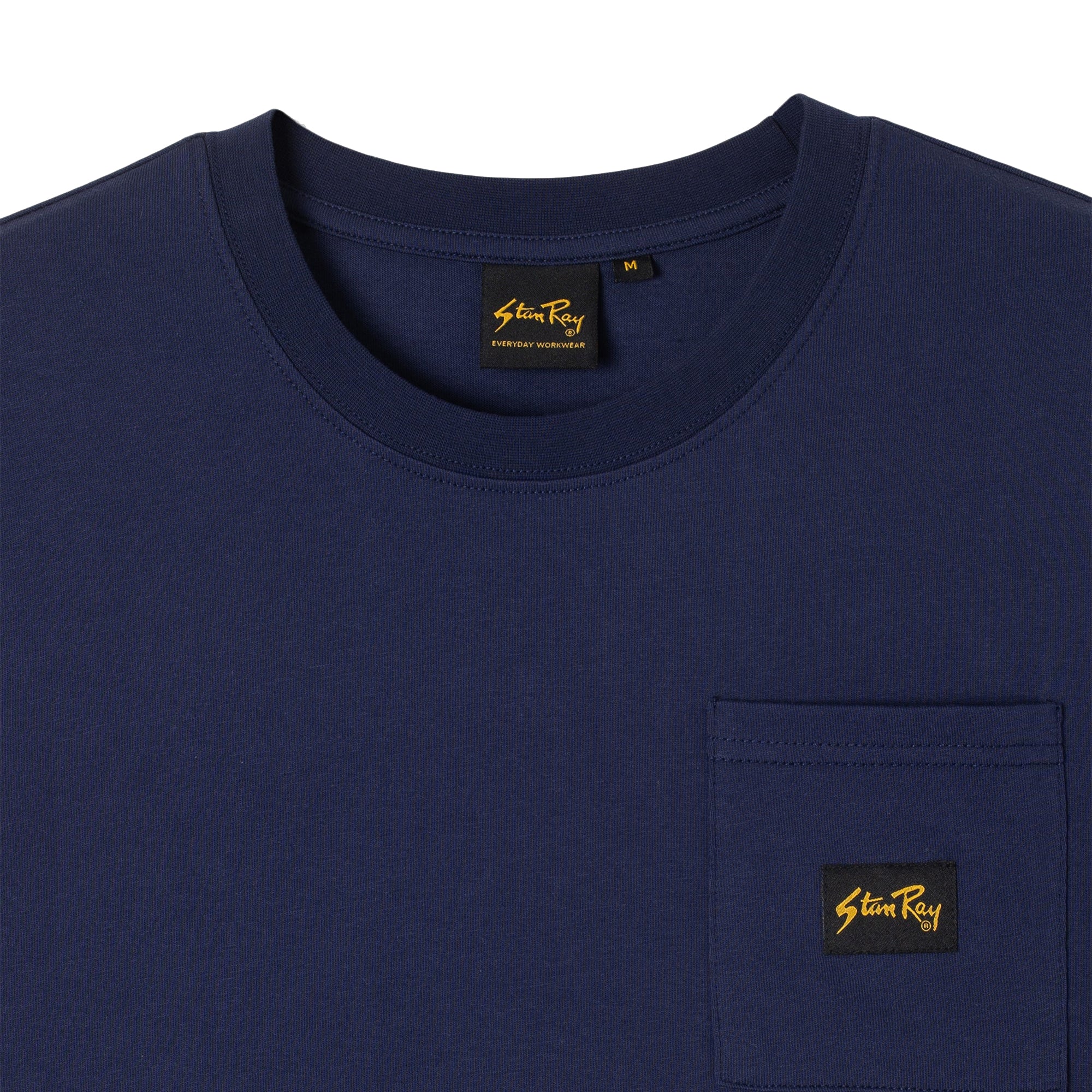 Close-up of collar on Stan Ray Patch Pocket T-Shirt for Men in Navy