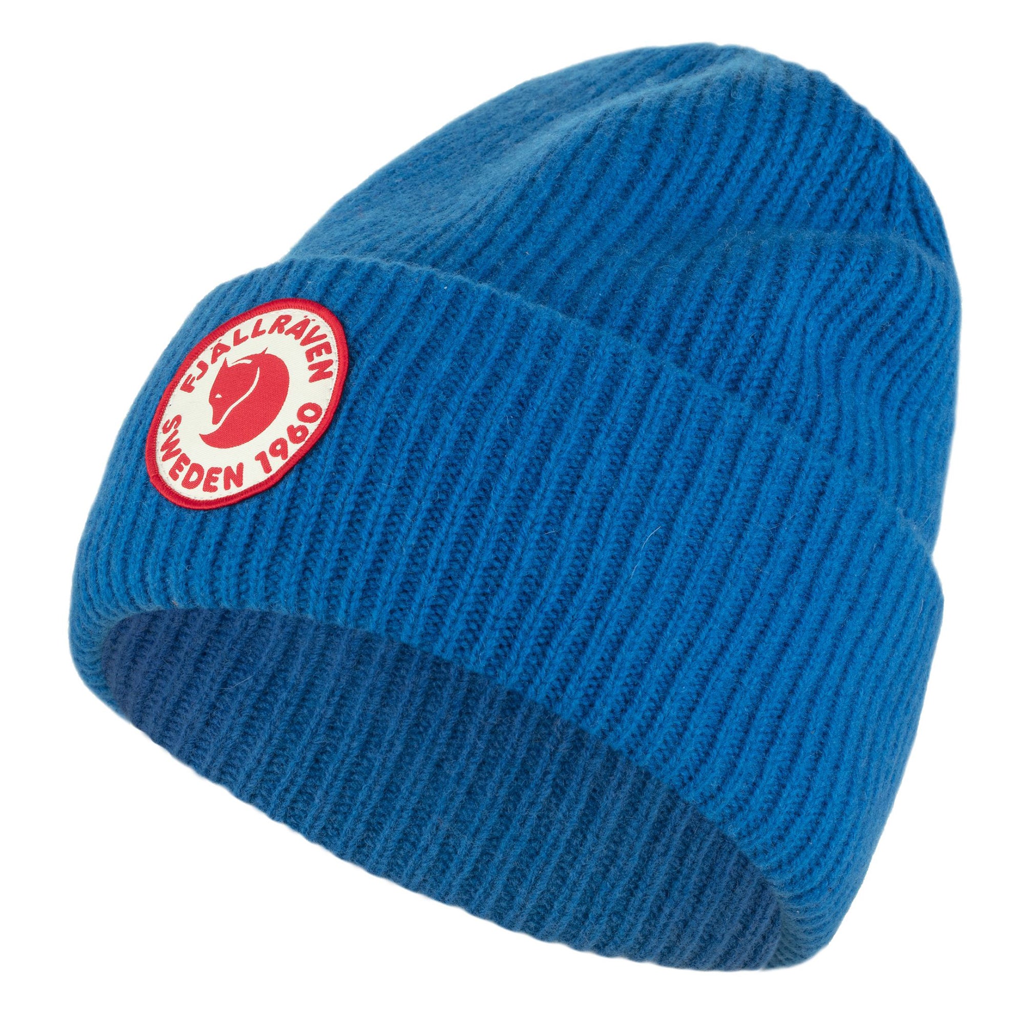 Side view of Fjallraven 1960 Logo Beanie for Men in Alpine Blue