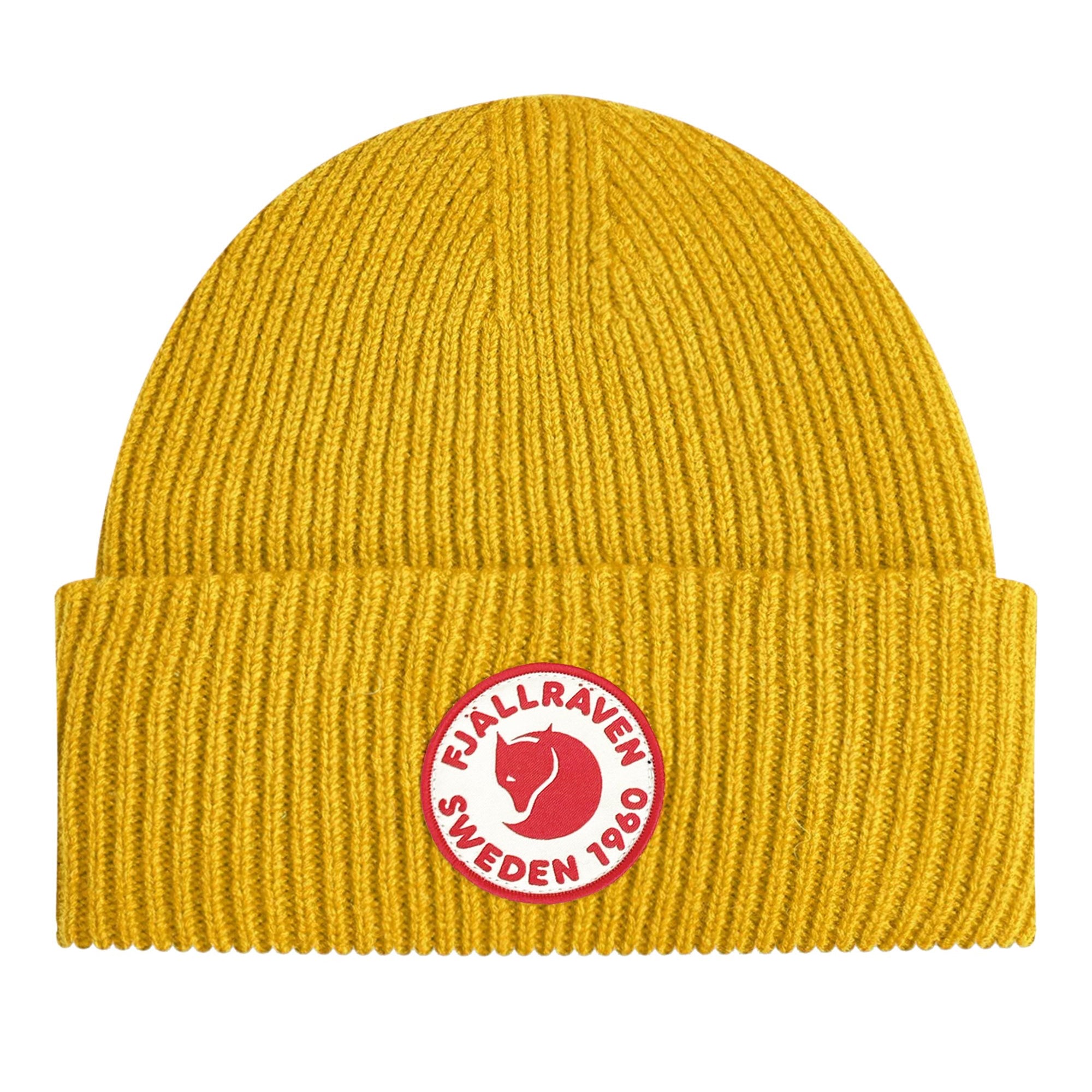 Front view of Fjallraven 1960 Logo Beanie for Men in Mustard Yellow