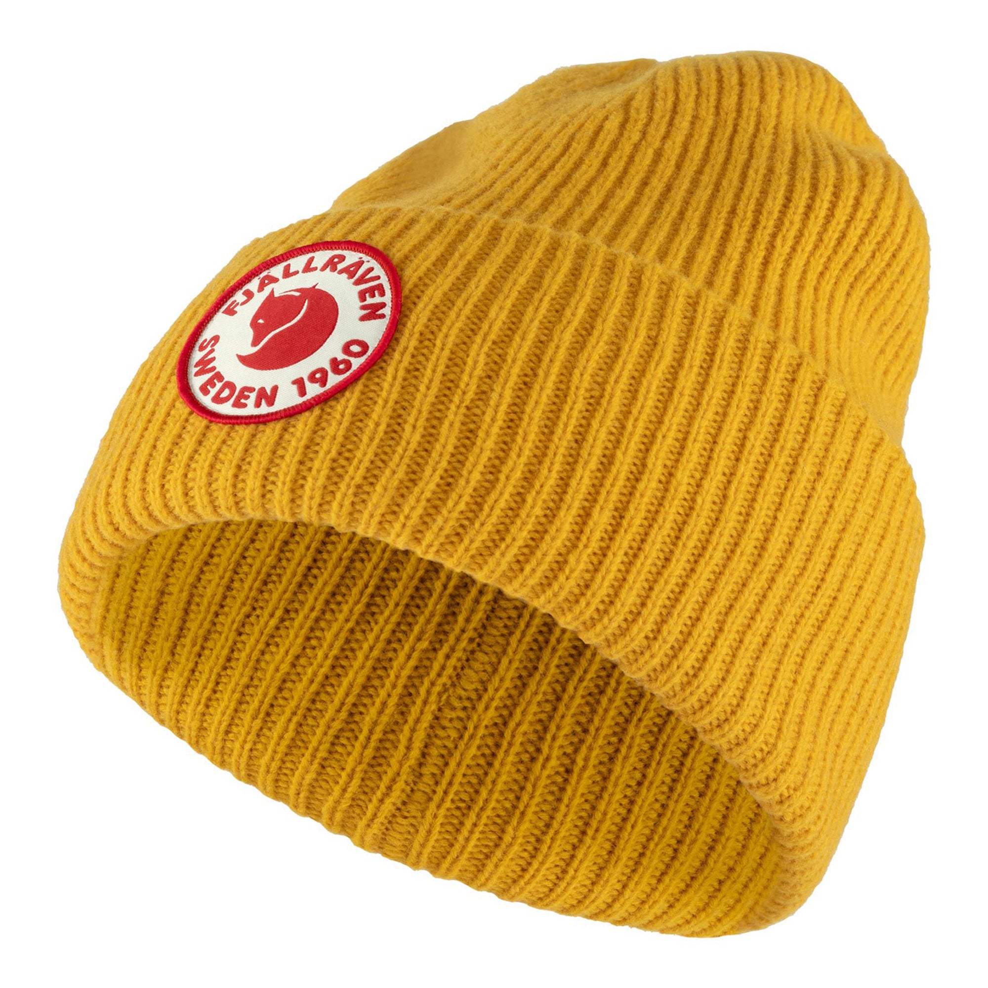 Side view of Fjallraven 1960 Logo Beanie for Men in Mustard Yellow