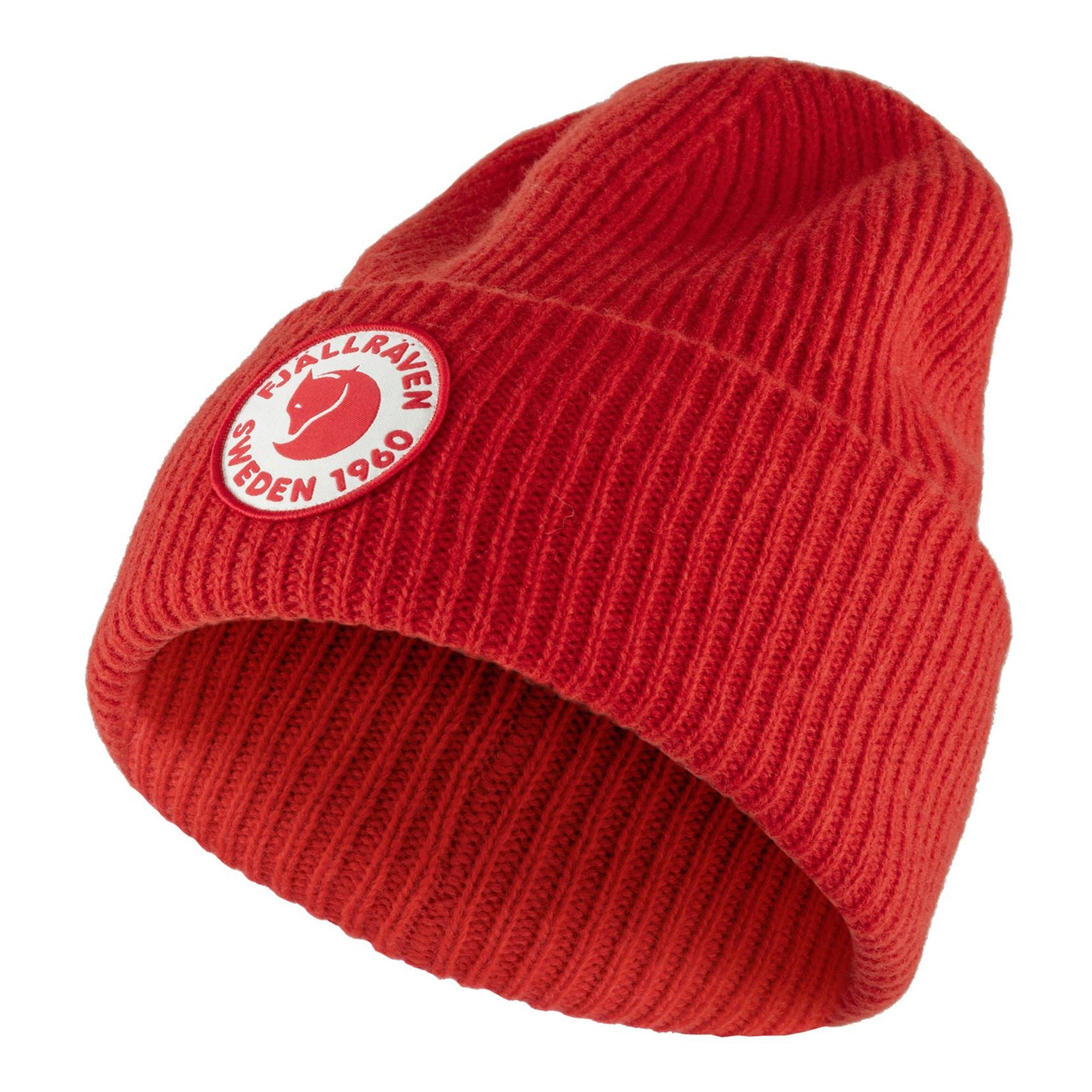 Side view of Fjallraven 1960 Logo Beanie for Men in True Red